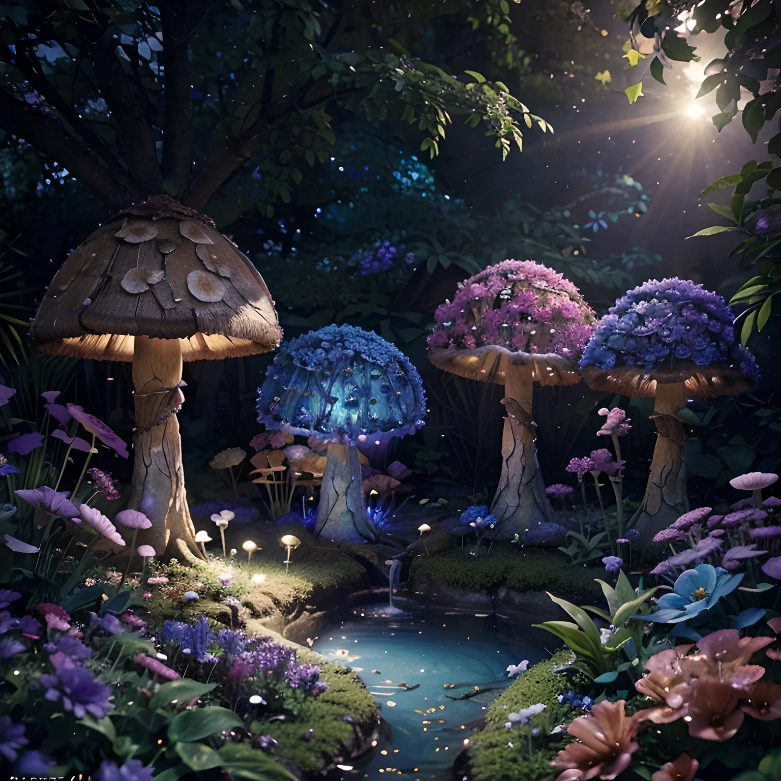 lush plantlife, real, detailed, 8k, high quality, an enchanting and dreamy scene of fantasy/alien forest, mushrooms, creating a sense of mystique and enchantment, lots of blues and purples, garden, water, flowers, depth of field photorealist, crystals