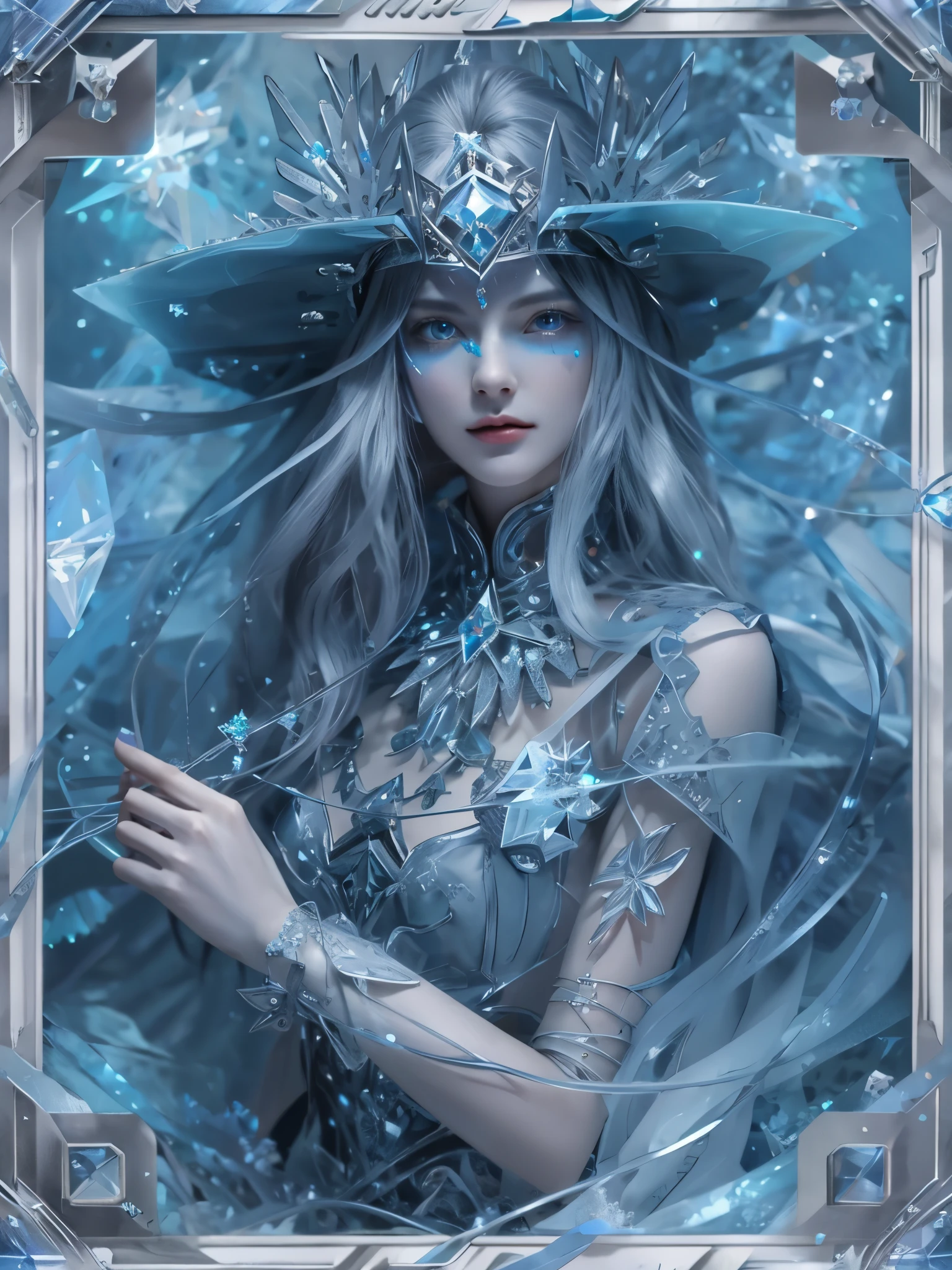(Game King Card:1.5, rotational symmetry),Stephen Gammell,(cowboy shot),minimalist compositions,ocean waves,Female magician,Exquisite crystal headdress, exquisite crystal armor,Electroluminescent Wire,Dreamy Glow,conceptual digital art, Azure blue and gray,(Very detailed, reasonable design, Clear lines, High sharpness,best quality, masterpiece, 4K )