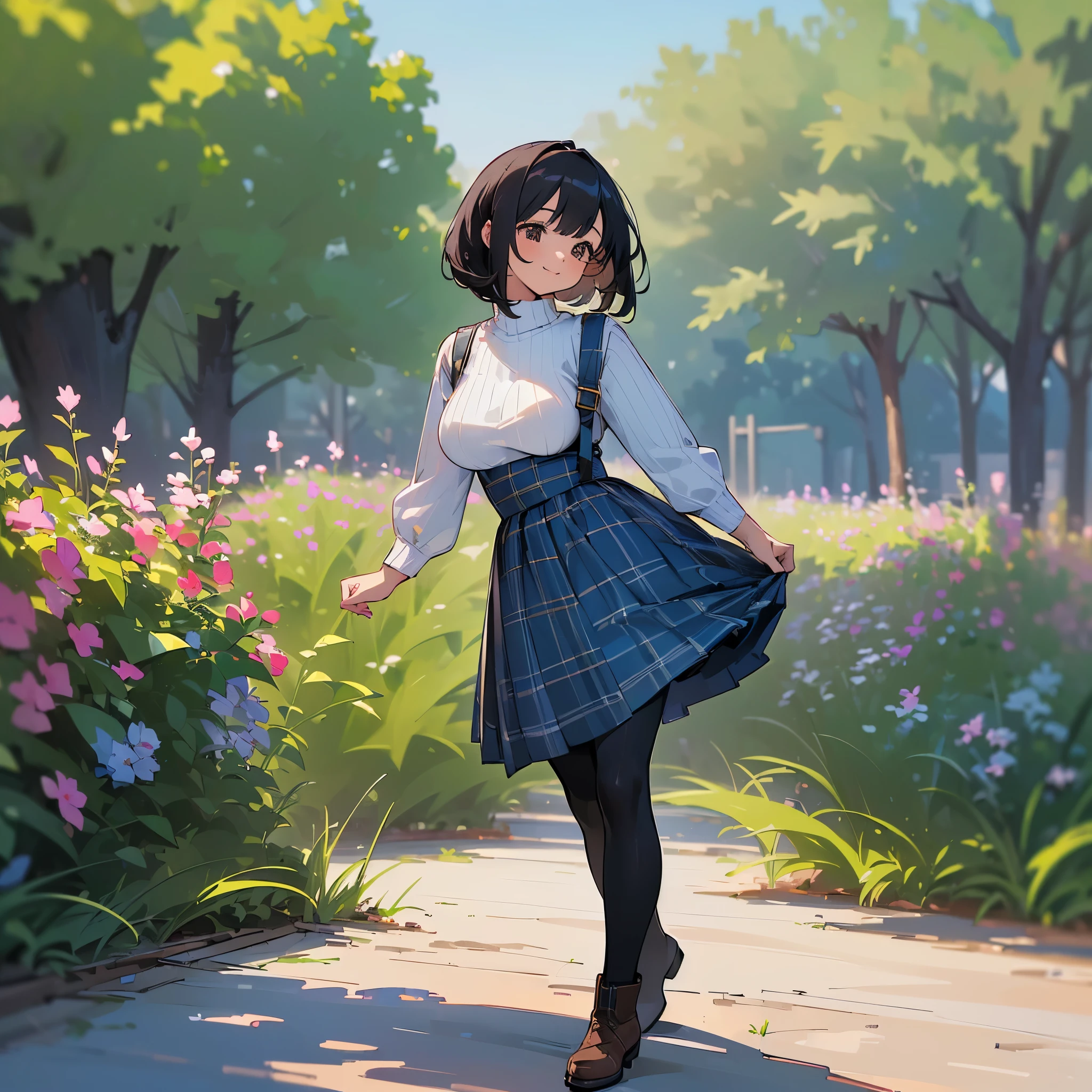 (high quality, High resolution, Super detailed, 8K, reality:1.37), peaceful atmosphere, (outdoor, garden), age girl standing alone, (My breasts are big.), Beautiful detailed features, cute smile, (black bob hair), ribbed sweater, blue plaid skirt, black tights, brown boots.