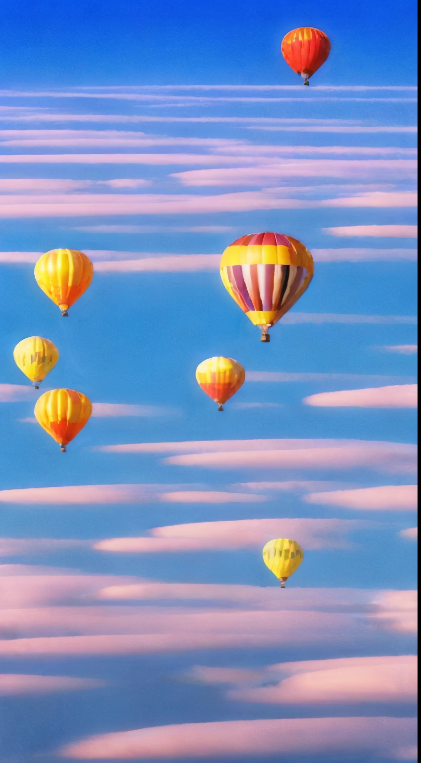 Imagine a floating city in the sky, where buildings and streets hover between the clouds. People live their lives on aerial platforms, traveling from one place to another in colorful balloons. The architecture is strange and surreal, with constructions that defy gravity and human logic.