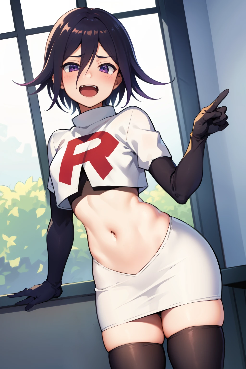 absurdres, cowboy shot, solo, male focus, trap, 1boy, crossdressing,1boy, oma kokichi, team rocket,team rocket uniform,white skirt,red letter R,crop top,black thigh-highs,black elbow gloves, evil laugh, blush