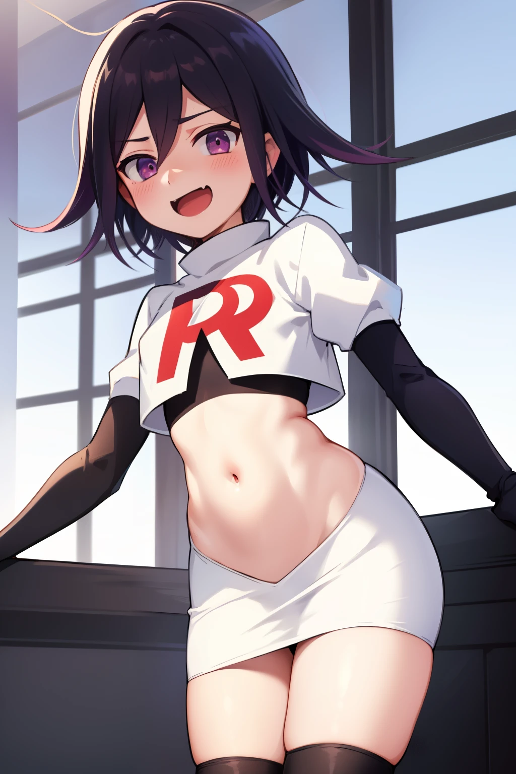 absurdres, cowboy shot, solo, male focus, trap, 1boy, crossdressing,1boy, oma kokichi, team rocket,team rocket uniform,white skirt,red letter R,crop top,black thigh-highs,black elbow gloves, evil laugh, blush