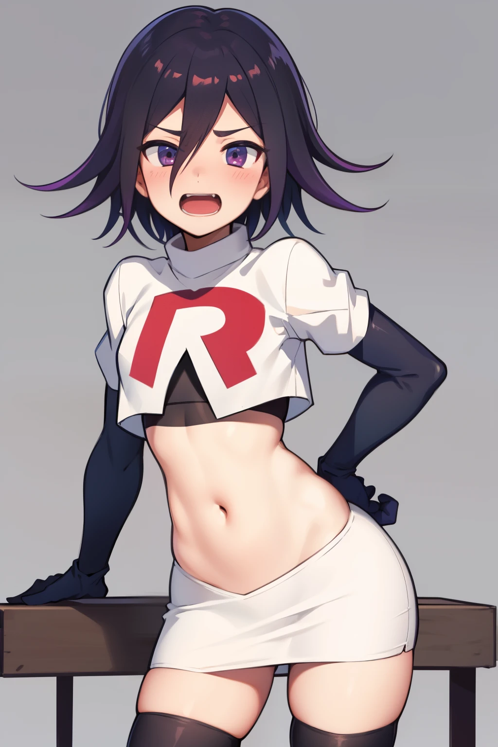 absurdres, cowboy shot, solo, male focus, trap, 1boy, crossdressing,1boy, oma kokichi, team rocket,team rocket uniform,white skirt,red letter R,crop top,black thigh-highs,black elbow gloves, evil laugh, blush