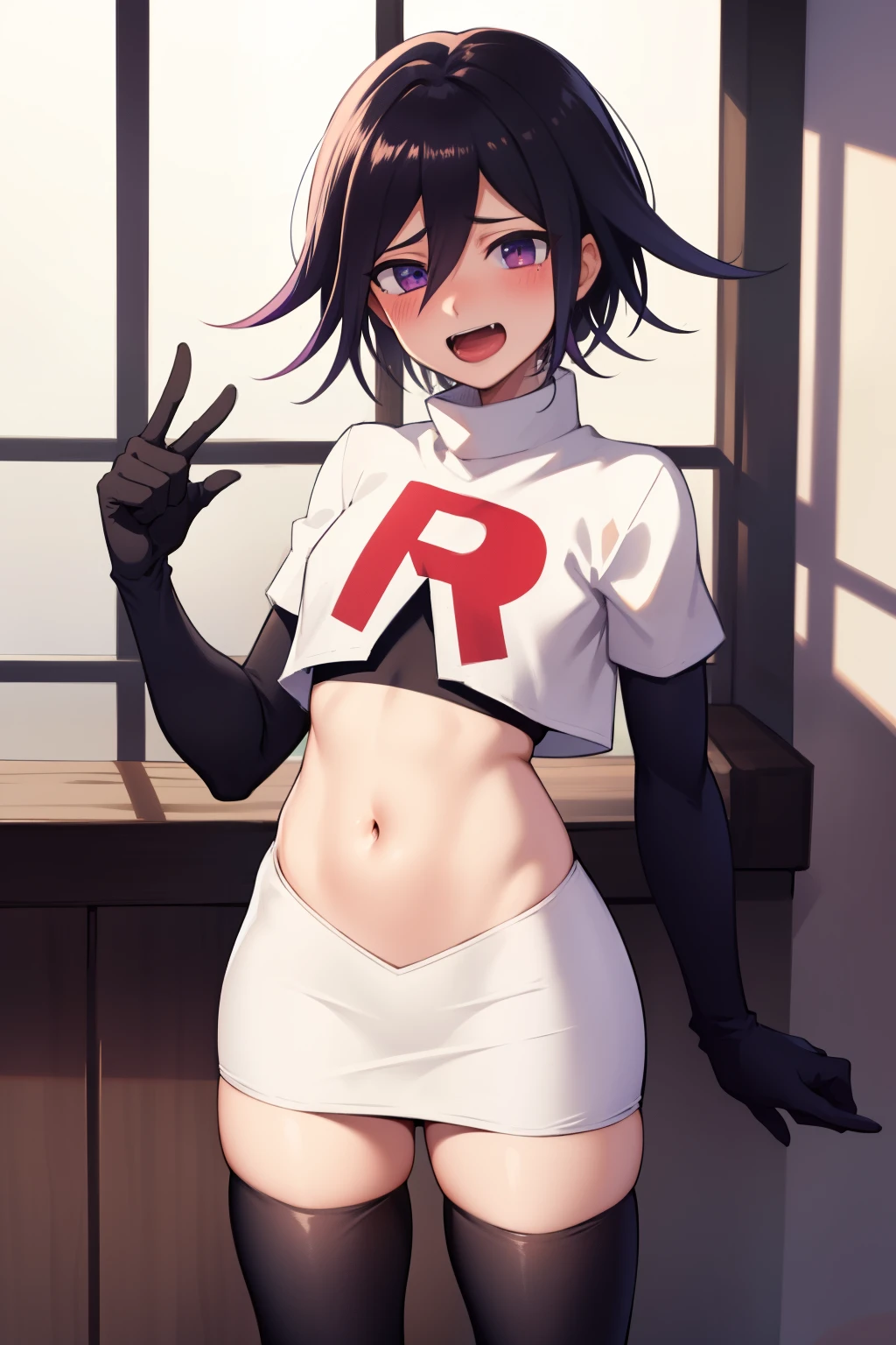 absurdres, cowboy shot, solo, male focus, trap, 1boy, crossdressing,1boy, oma kokichi, team rocket,team rocket uniform,white skirt,red letter R,crop top,black thigh-highs,black elbow gloves, evil laugh, blush