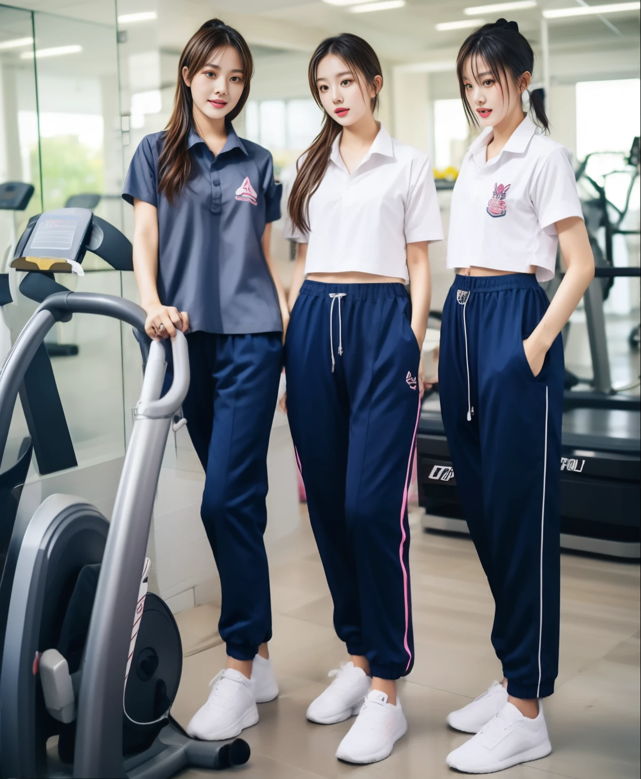 3 girls in fitness center, Navy blue short-sleeved shirt,Navy Long Trackpant,Sweatpants, Sweatpantsขายาว,25 year old girl, lesbian, sexy, exercise clothes, wet body, exercise clothes