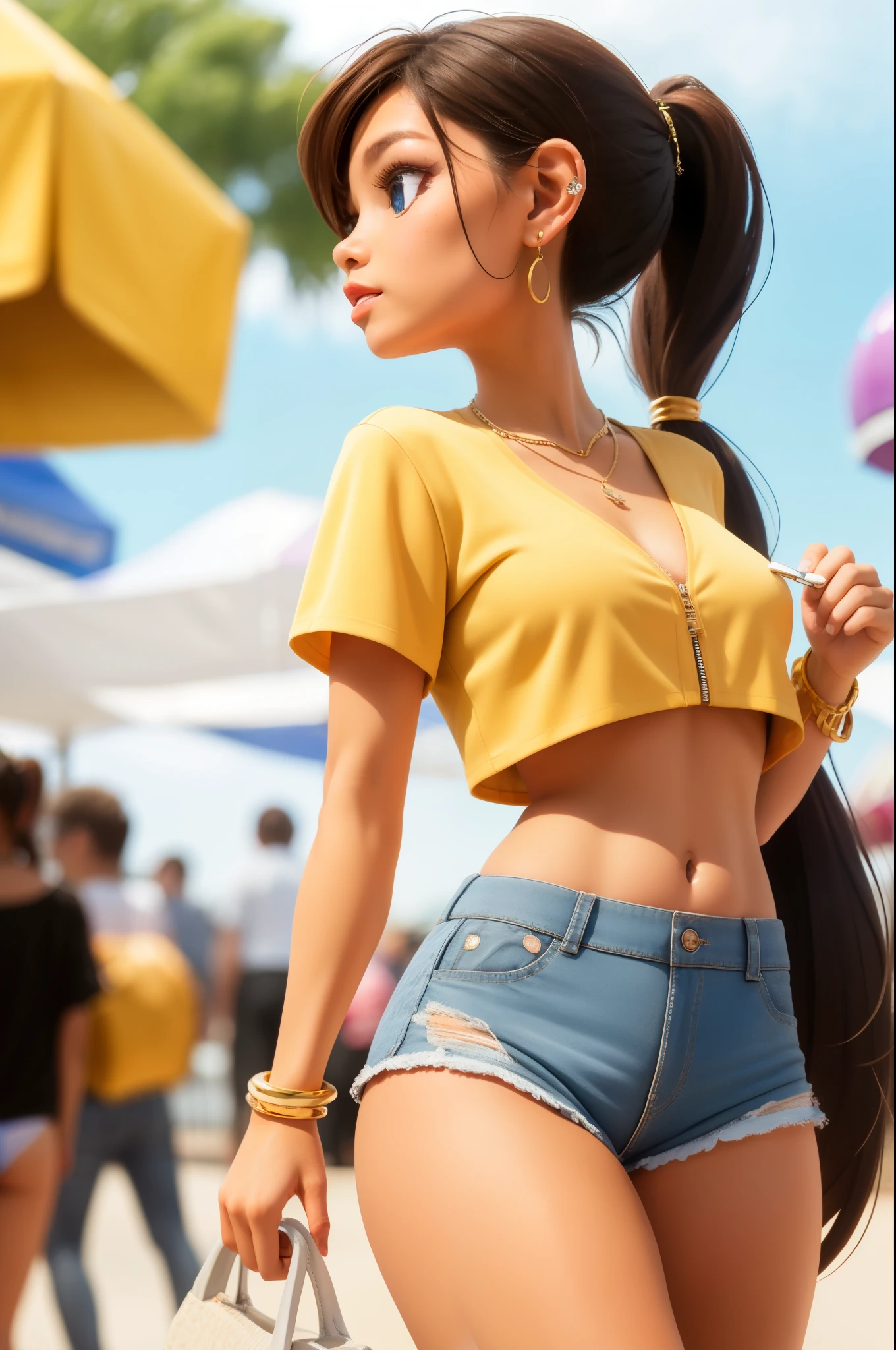 sexy female, brown hair, blue eyes, ponytail, crop top, unzipped short shorts, PANTIES, bracelet, earrings, golden necklace, walking at a carnival