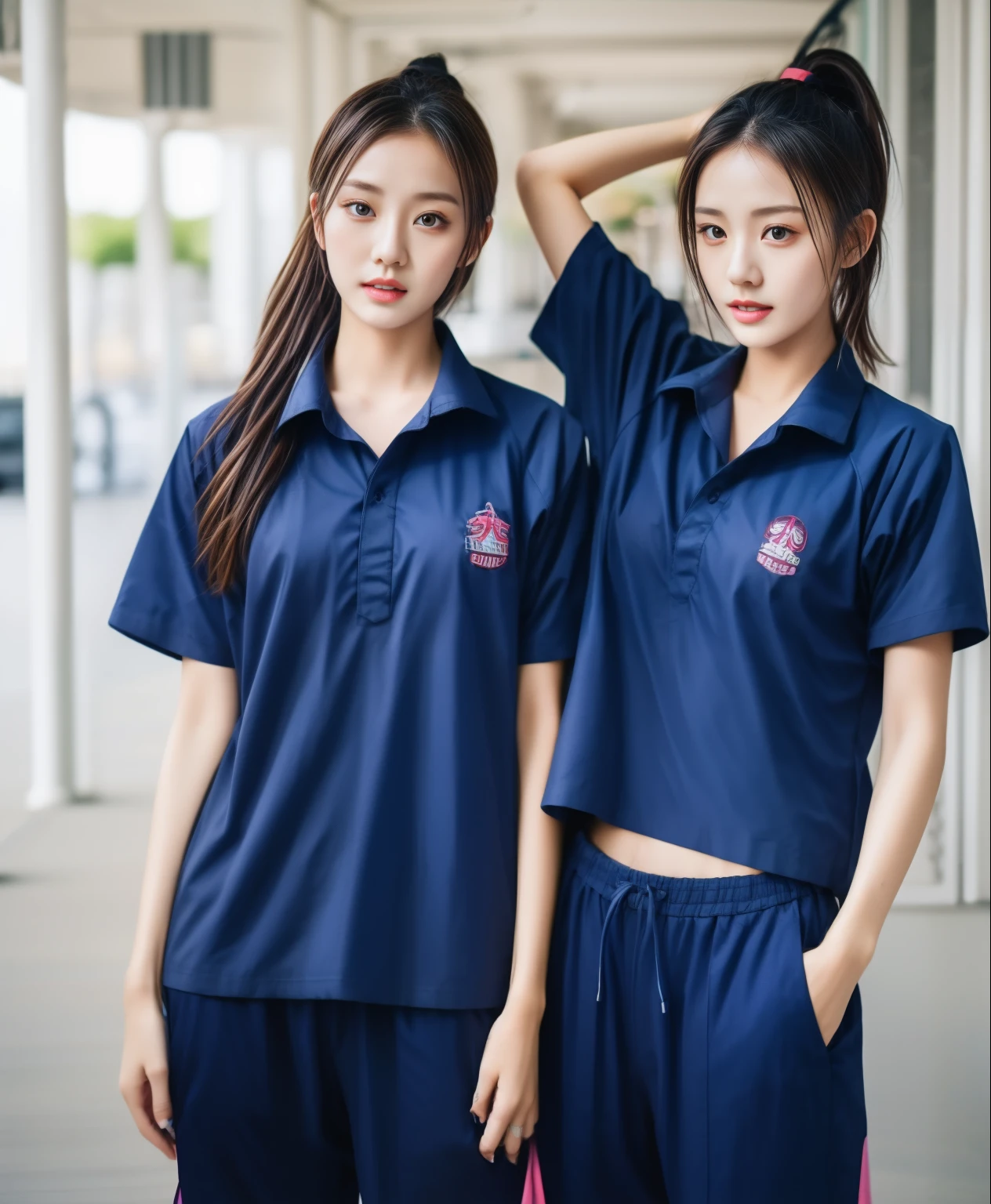 3 girls in fitness center, Navy blue short-sleeved shirt,Navy Long Trackpant,Sweatpants, Sweatpantsขายาว,25 year old girl, lesbian, sexy, exercise clothes, wet body, exercise clothes