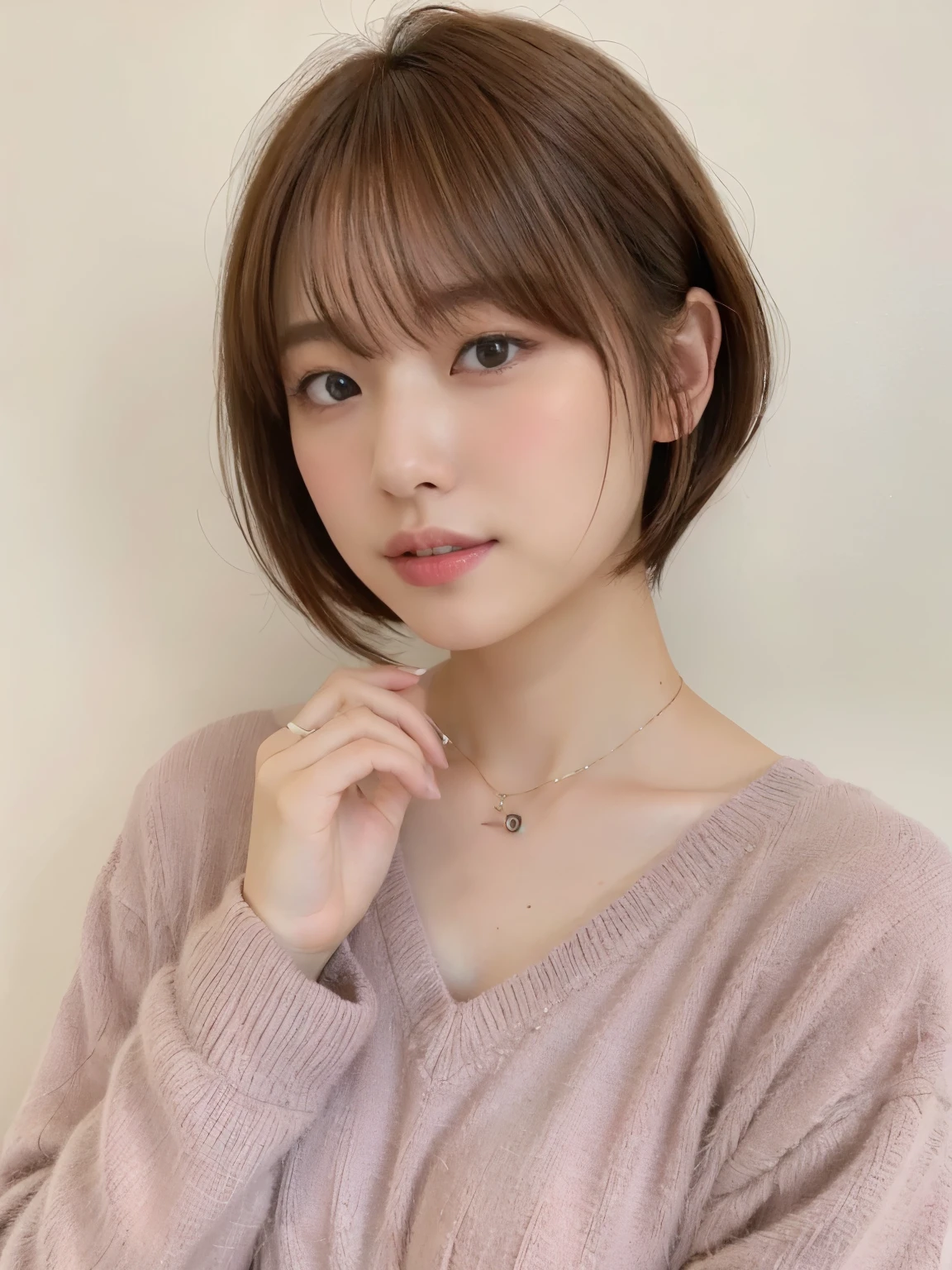 (highest quality、8K、32K、masterpiece、nffsw:1.2)、photo of cute japanese woman、long sleeve dress、very short hair、Photographed in natural light、Upper body、surface focus、simple necklace、Taken in front of the white door、From above、looking at the viewer、mix 4、(8K、Raw photo、highest quality、masterpiece:1.2)、(realistic、Photoreal:1.37)、1 girl、photon mapping、Physically based rendering、Handsome、excellent image quality、High resolution、1080P、(clean face)、(Detailed facial description)、(detailed description of hands)、(Masseter muscle part)、(Detailed CG)、hair is dirty、masterpiece、rich details、(exquisite features)、(best image quality)、(masterpiece)、(detailed eye)、looking forward to your eyes、delicate clavicle、Versatile poses