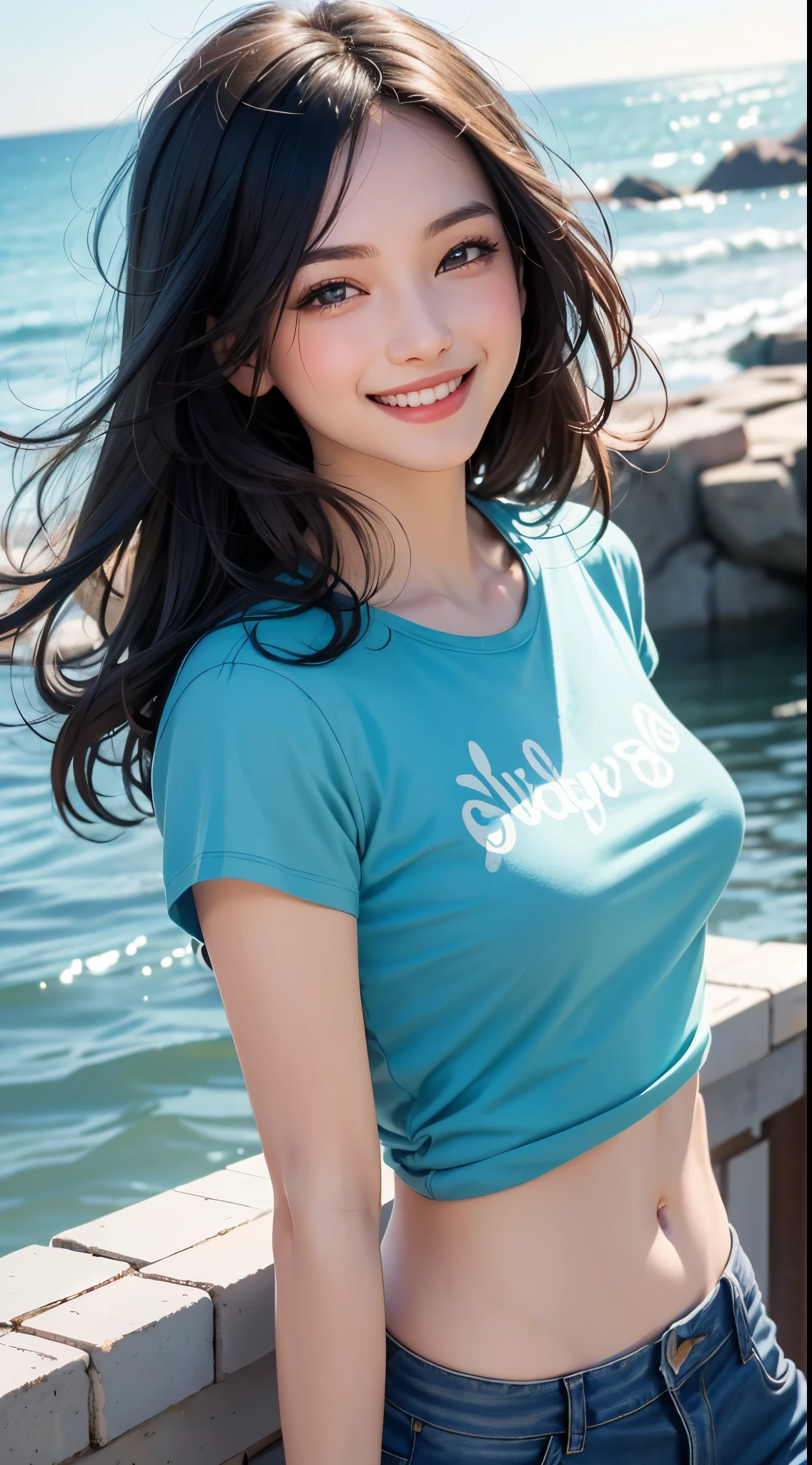 Girl、Cute teenage girl 12 years old、12 years old Japan girl、Tube TopTShirts and shorts、tube top transparent breasts、 Crystal clear water、sparkling sun、reflect。Less susceptible to gravity in water、Its movements are graceful and light。 The figure of beauty can float on the water。Her hair flowed wet、Background: Municipal swimming pool、Dance like a curtain of transparent water。A smile