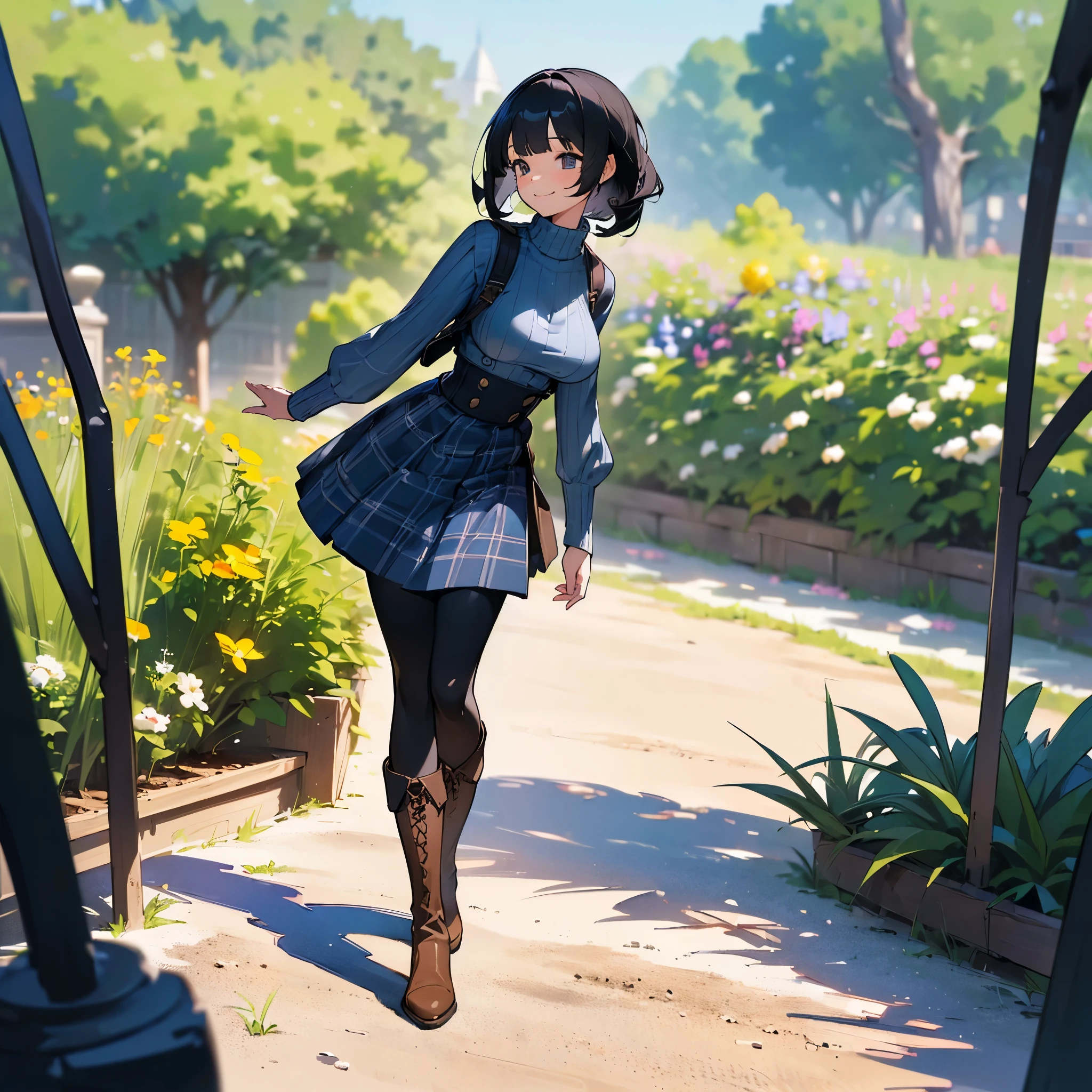 (high quality, High resolution, Super detailed, 8K, reality:1.37), peaceful atmosphere, (outdoor, garden), Teenage girl standing alone, (My breasts are big.), Beautiful detailed features, cute smile, (black bob hair), ribbed sweater, blue plaid skirt, black tights, brown boots.