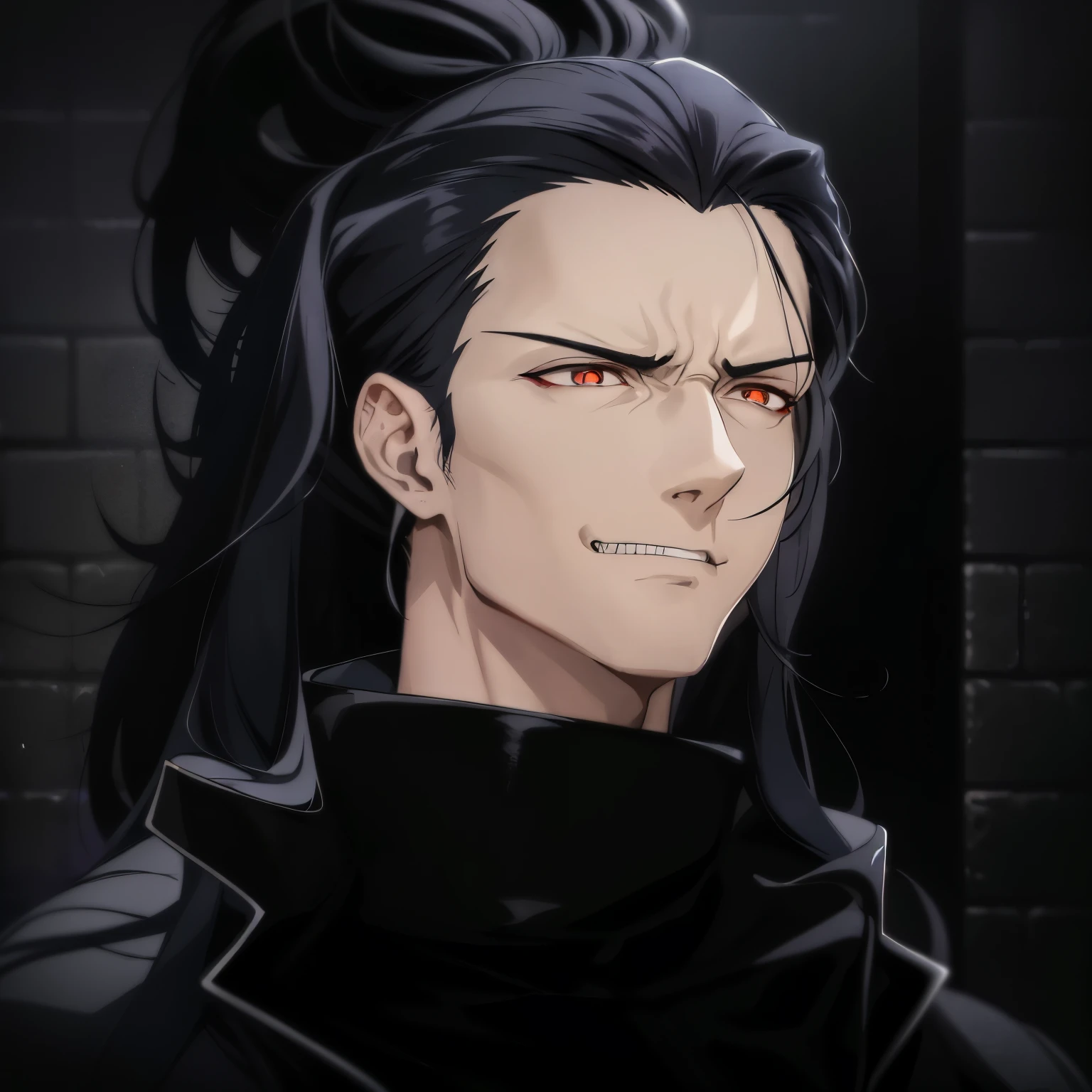 a close up of a person with long hair and a black coat, handsome guy in demon slayer art, in the anime series ergo proxy, in the anime film ergo proxy, he has dark grey hairs, tsurumaki kazuya, roguish smirk, it has a piercing gaze, he's very menacing and evil, male anime character