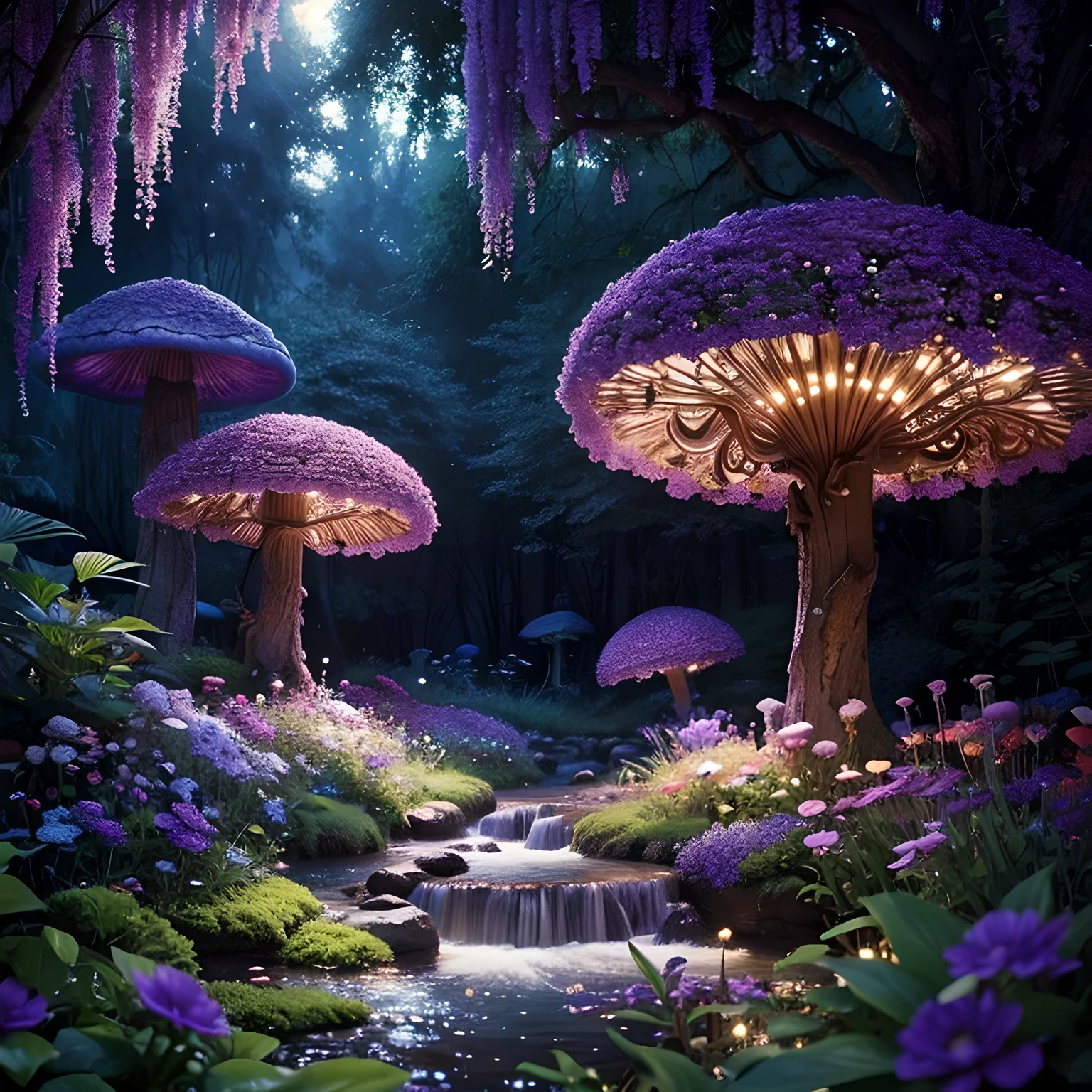 lush plantlife, real, detailed, 8k, high quality, an enchanting and dreamy scene of fantasy/alien forest, mushrooms, creating a sense of mystique and enchantment, blues and purples, garden, water, flowers, depth of field photorealist, crystals