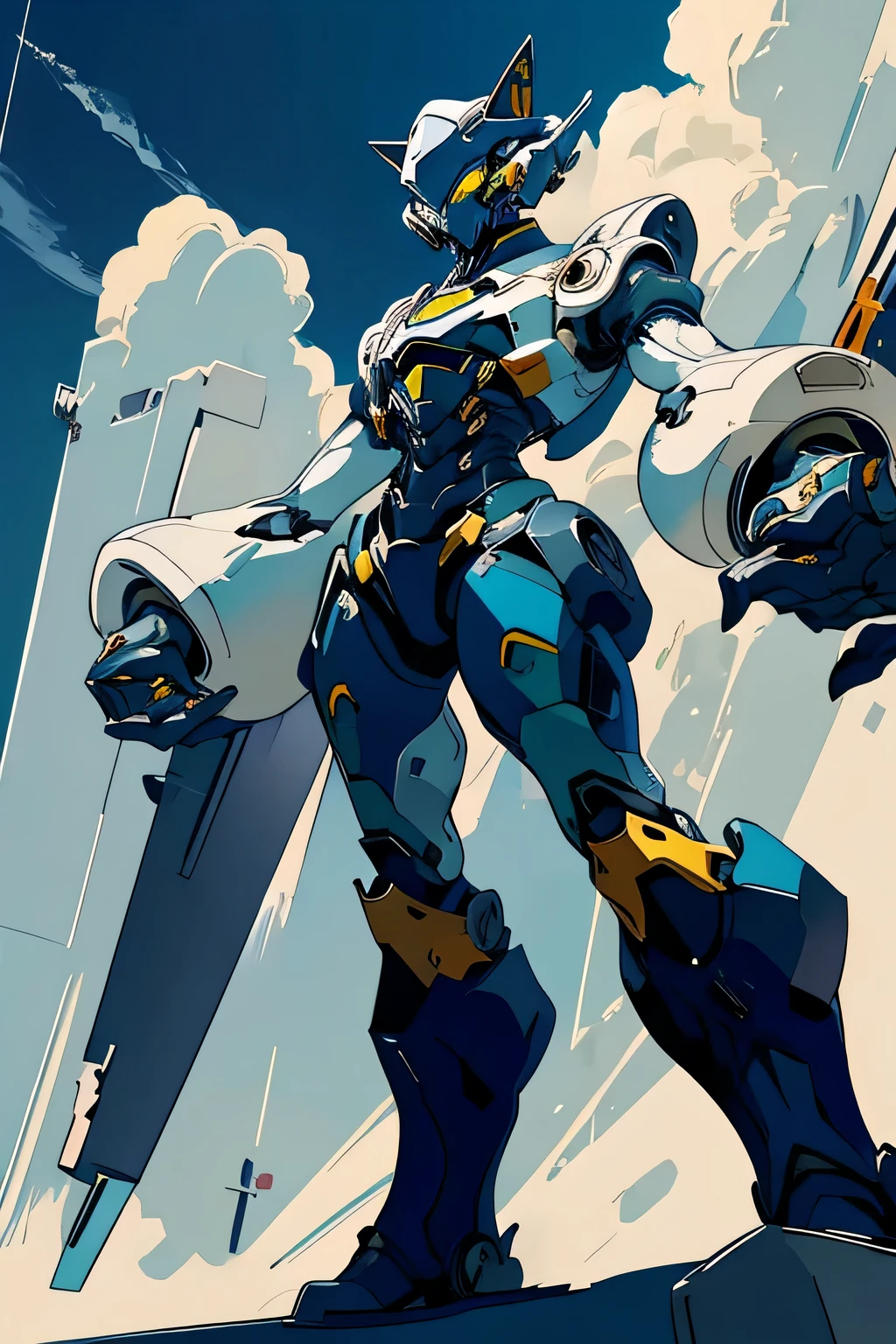 1 Cat-eared maid wearing a mecha suit, Slender fuselage,shining eyes, folded arms pose,camouflage, battlefield concept art ,ink art, flat color, high contrast, fashion absurdity, highest quality, negative space,Against the background of blue sky and white clouds
