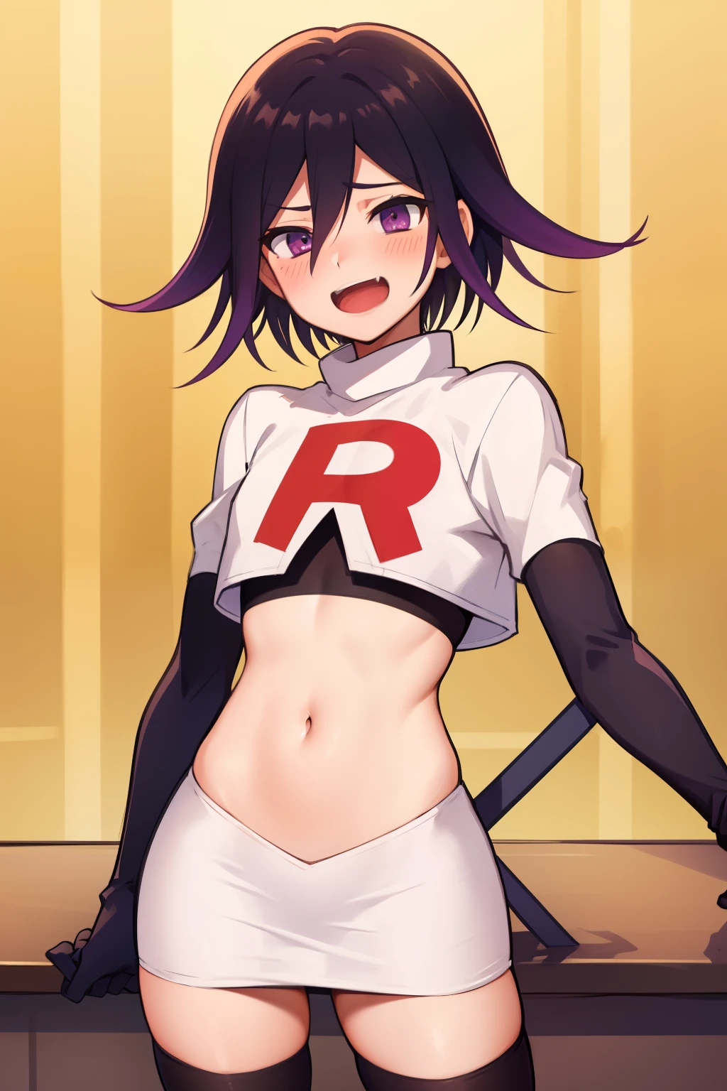 absurdres, cowboy shot, solo, male focus, trap, 1boy, crossdressing,1boy, oma kokichi, team rocket,team rocket uniform,white skirt,red letter R,crop top,black thigh-highs,black elbow gloves, evil laugh, blush