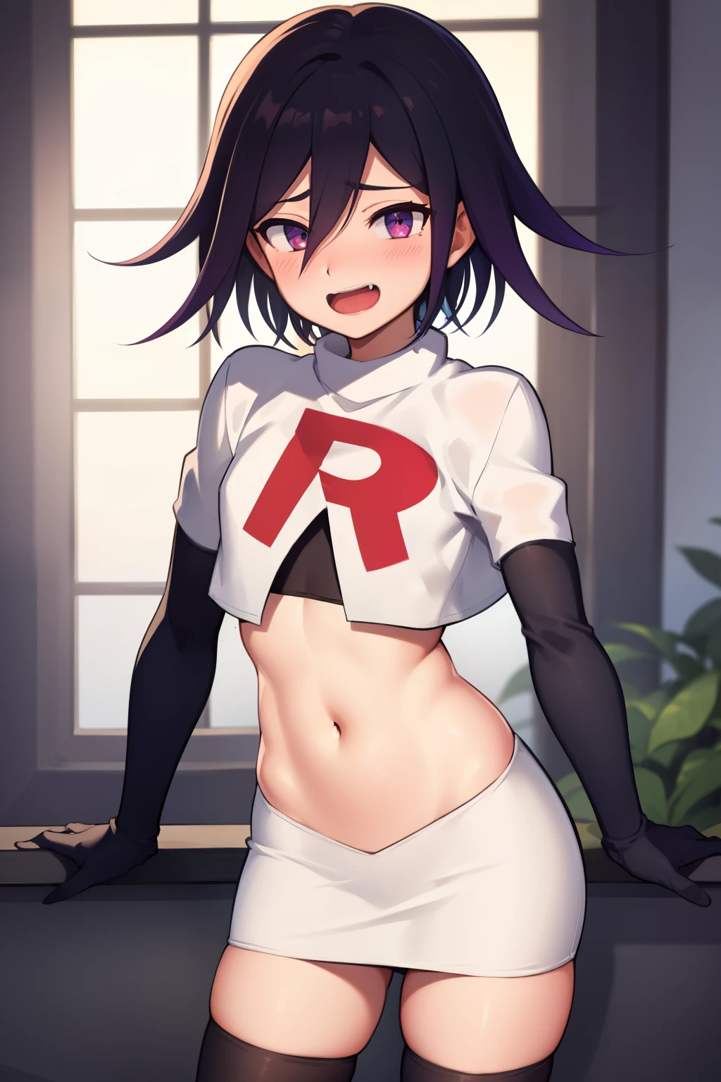 absurdres, cowboy shot, solo, male focus, trap, 1boy, crossdressing,1boy, oma kokichi, team rocket,team rocket uniform,white skirt,red letter R,crop top,black thigh-highs,black elbow gloves, evil laugh, blush