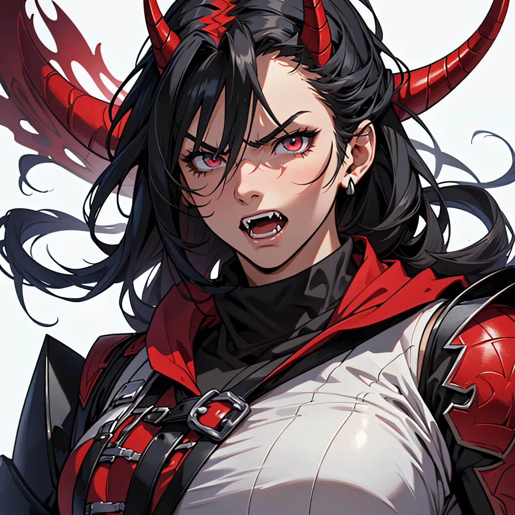 anime, masterpiece, best quality, by professional artist, only 1 person, female, solo, upper body portrait, detailed composition, detailed eyes, detailed hair, white background, black hair, fangs, angry face, muscular, burly, horns, wearing red and black medieval armor, sleeveless, vascular