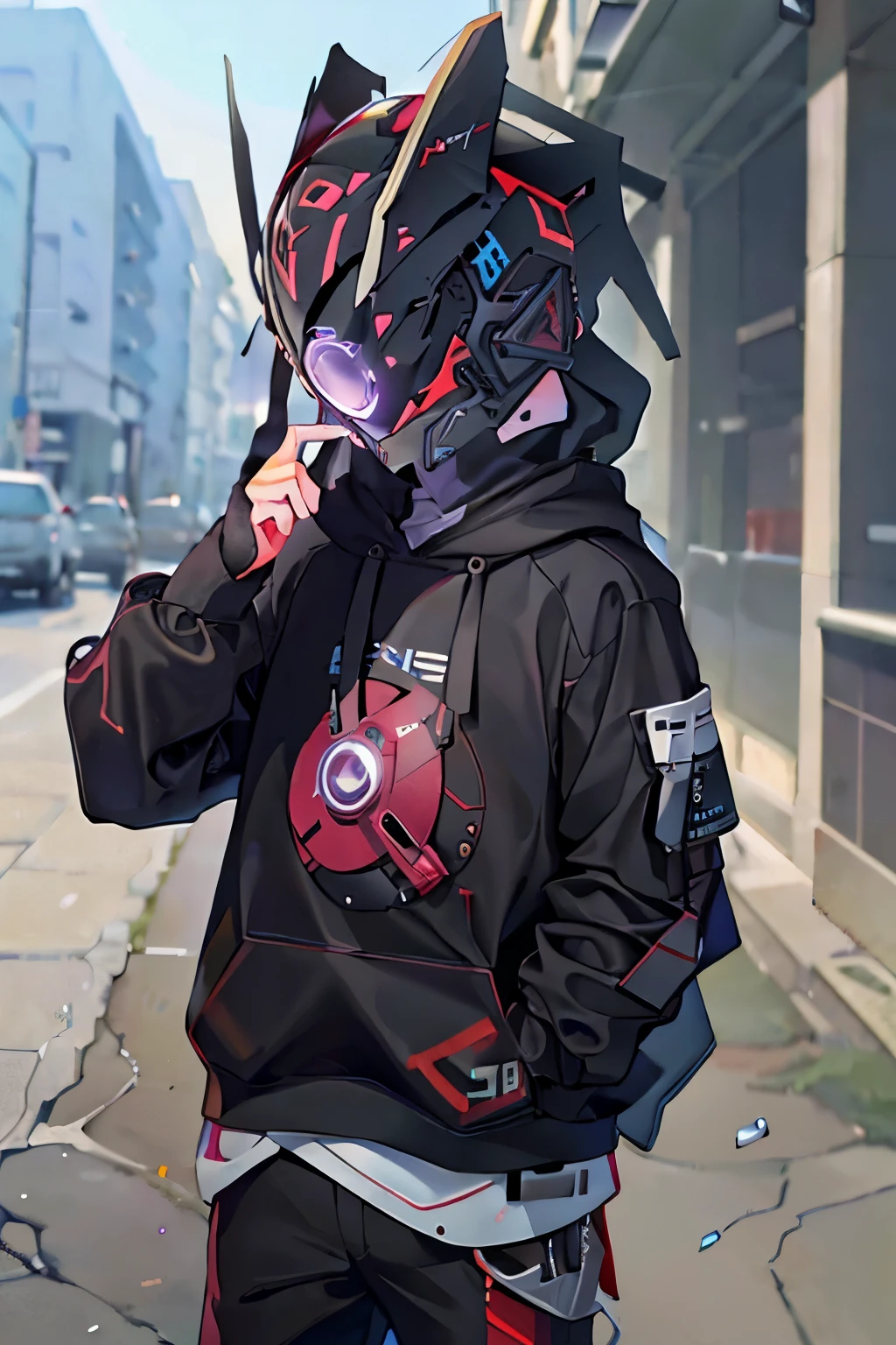 ((Best Picture Quality, 8k, tmasterpiece:1.3)), 1boy, wearing black hoodie and cyber white helmet and holding red onion