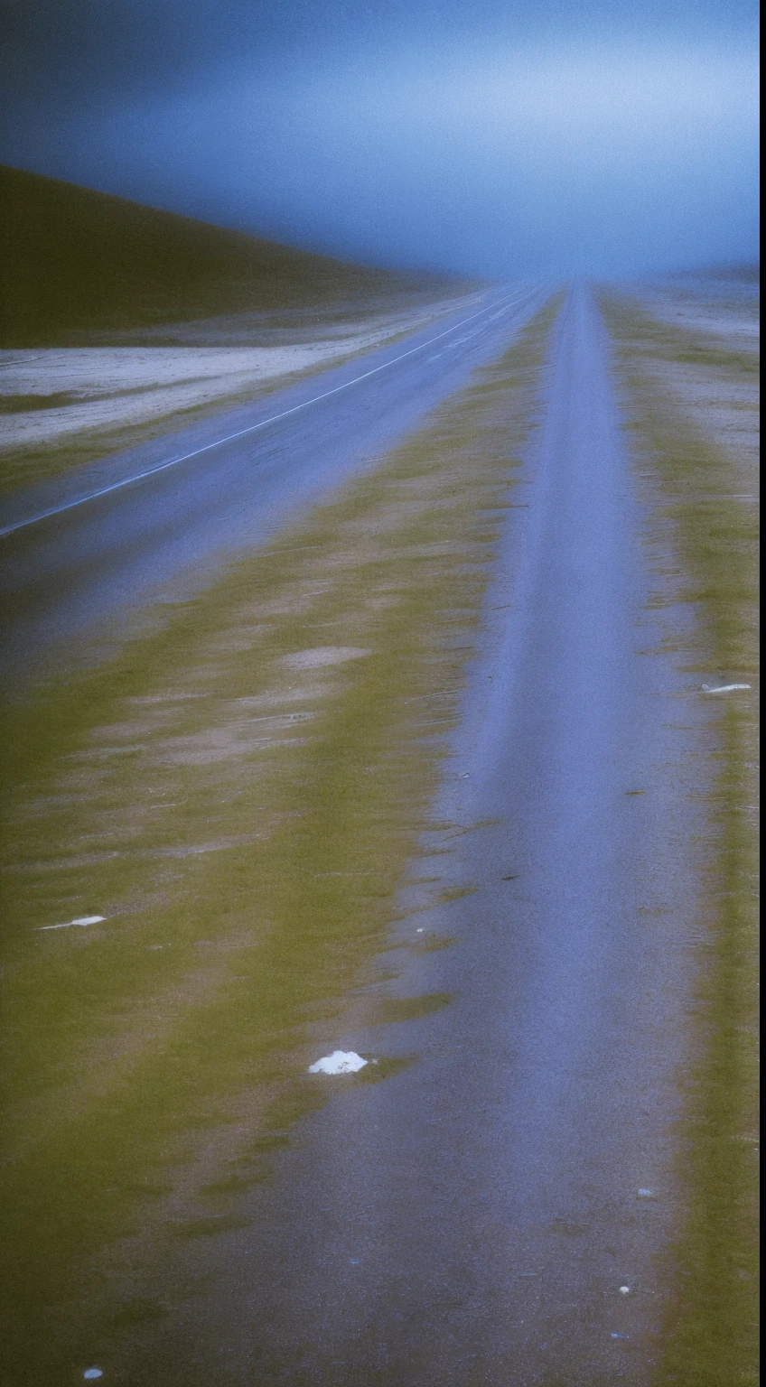 best quality,4k,highres,ultra-detailed,realistic:1.37,liminal space road,desolate atmosphere,dusty road,lonely figure,ghostly lights,dark shadows,abandoned buildings,moody,ethereal,post-apocalyptic,ominous colors,subtle lighting,haunting sense of emptiness,unseen destination,mysterious fog,uneven terrain,cracked pavement,overgrown vegetation,stillness in the air,deserted cars,foreboding atmosphere