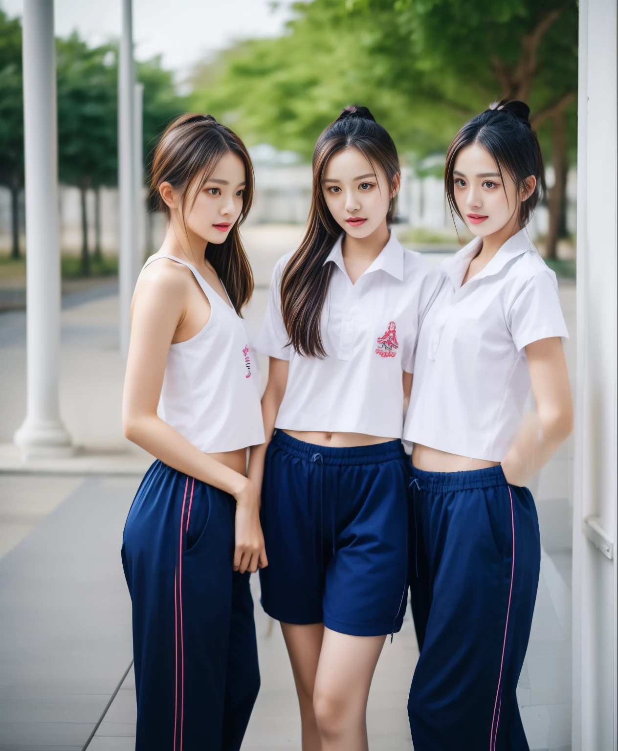 3 girls in fitness center, Navy blue short-sleeved shirt,Navy Long Trackpant,Sweatpants, Sweatpantsขายาว,25 year old girl, lesbian, sexy, exercise clothes, wet body, exercise clothes