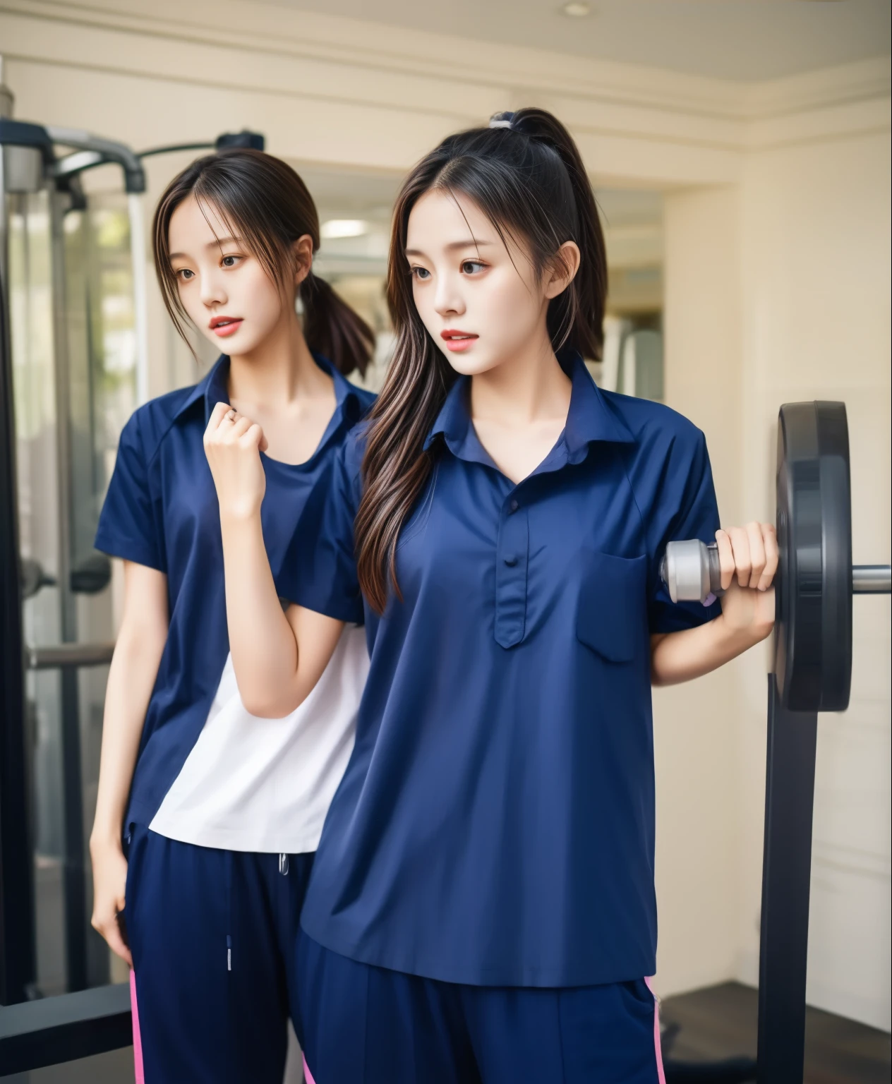 3 girls in fitness center, Navy blue short-sleeved shirt,Navy Long Trackpant,Sweatpants, Sweatpantsขายาว,25 year old girl, lesbian, sexy, exercise clothes, wet body, exercise clothes