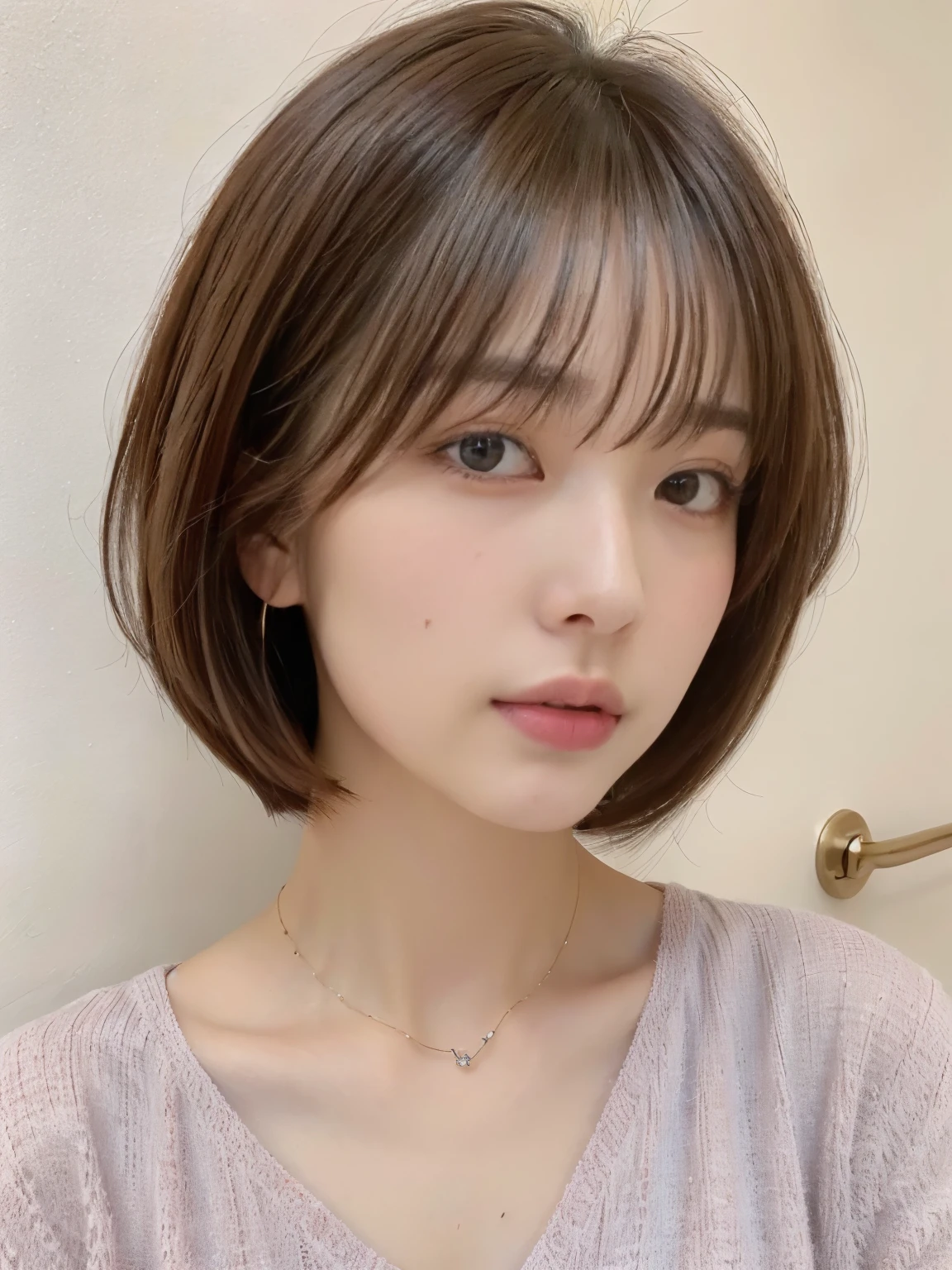 (highest quality、8K、32K、masterpiece、nffsw:1.2)、Eye color is dark brown、photo of cute japanese woman、long sleeve dress、very short hair、Photographed in natural light、Upper body、surface focus、simple necklace、Taken in front of the white door、From above、looking at the viewer、mix 4、(8K、Raw photo、highest quality、masterpiece:1.2)、(realistic、Photoreal:1.37)、1 girl、photon mapping、Physically based rendering、Handsome、excellent image quality、High resolution、1080P、(clean face)、(Detailed facial description)、(detailed description of hands)、(Masseter muscle part)、(Detailed CG)、hair is dirty、masterpiece、rich details、(exquisite features)、(best image quality)、(masterpiece)、(detailed eye)、looking forward to your eyes、delicate clavicle、Versatile poses
