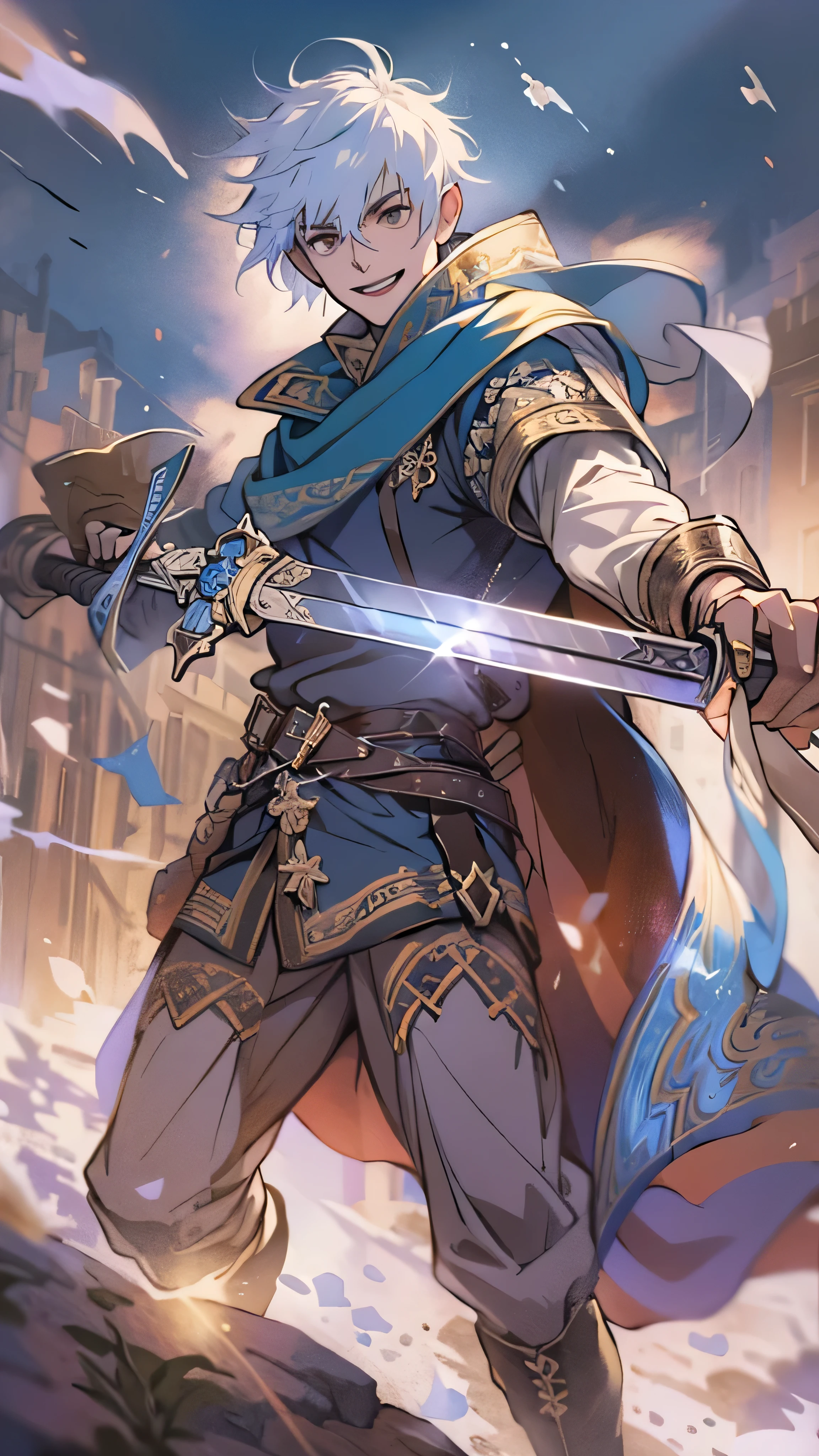 Medieval fantasy, Tall male adventurer wearing link's tunic, brown boots, blue cape, short white hair, gold eyes, sword on hilt, smiling face, Gacha splash art, Windy background, action pose