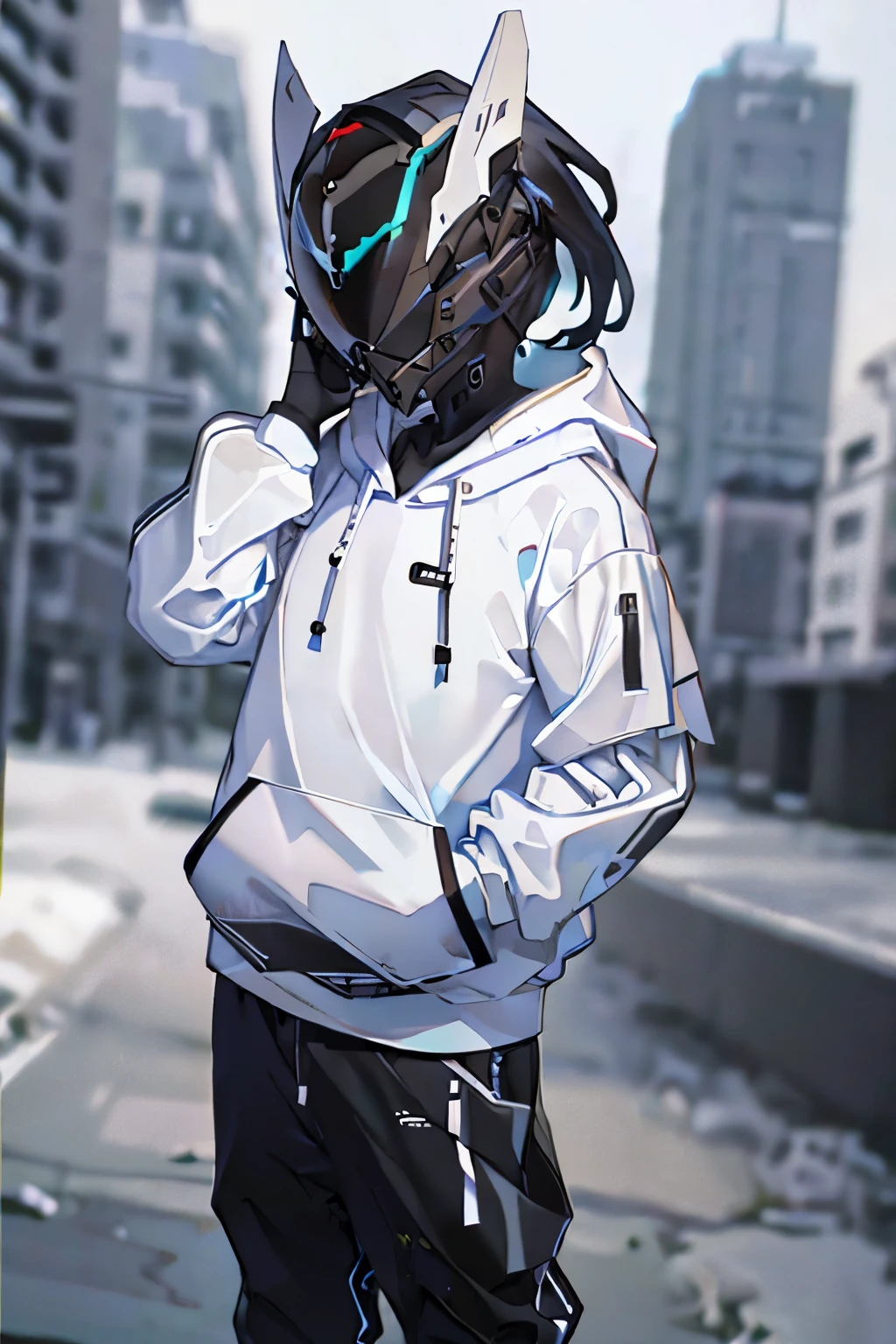 ((Best Picture Quality, 8k, tmasterpiece:1.3)), 1boy, wearing black hoodie and cyber white helmet, thinking pose