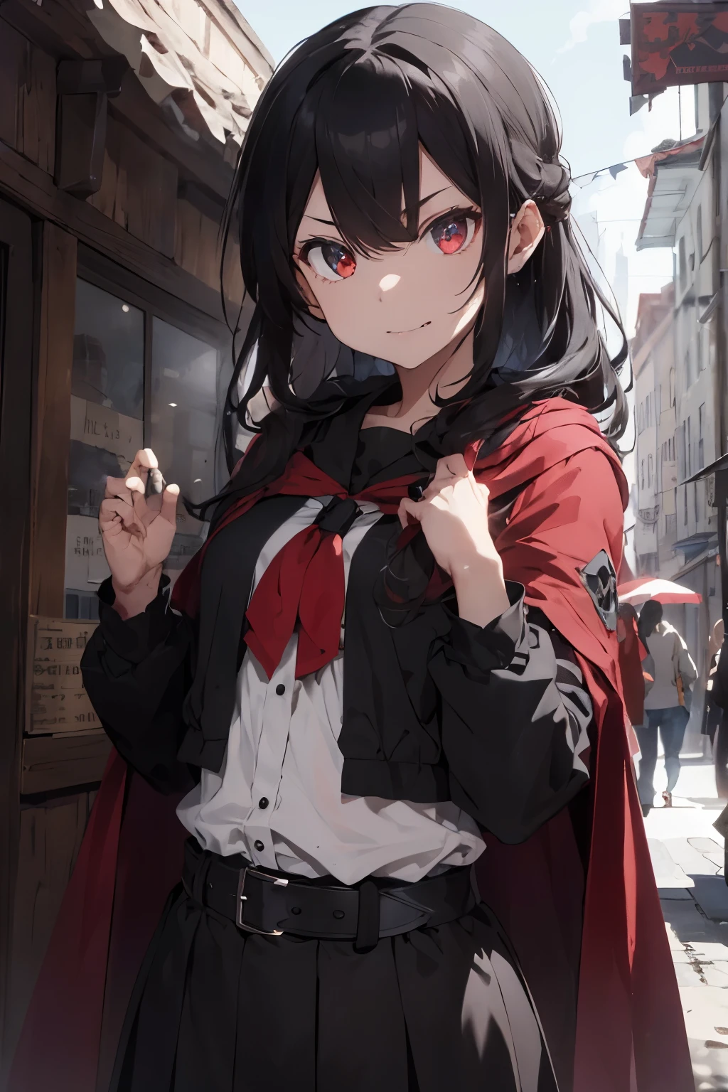 ((best quality)), ((Meisterwerk)), (detailliert), perfektes Gesicht, (Meisterwerk, best quality, detaillierter Hintergrund, Komplizierte Details), Fantasy-Thema, Herr der Ringe , black hair, long hair, Im Inneren des Dungeons, 1girl , teenager , Zauberer , Magier , lange robe, Umhang , Bandana, grau Augen, Dagger on the hip, Belt bags, selbstbewusster Ausdruck, dynamische Pose, rostige Schatztruhe, Steinmauern, dunkel , schwarze haare, lange haare, umhang, red cloak, light metal armor , evil look , Evil expression. roter umhang , weise kleidung , White clothing