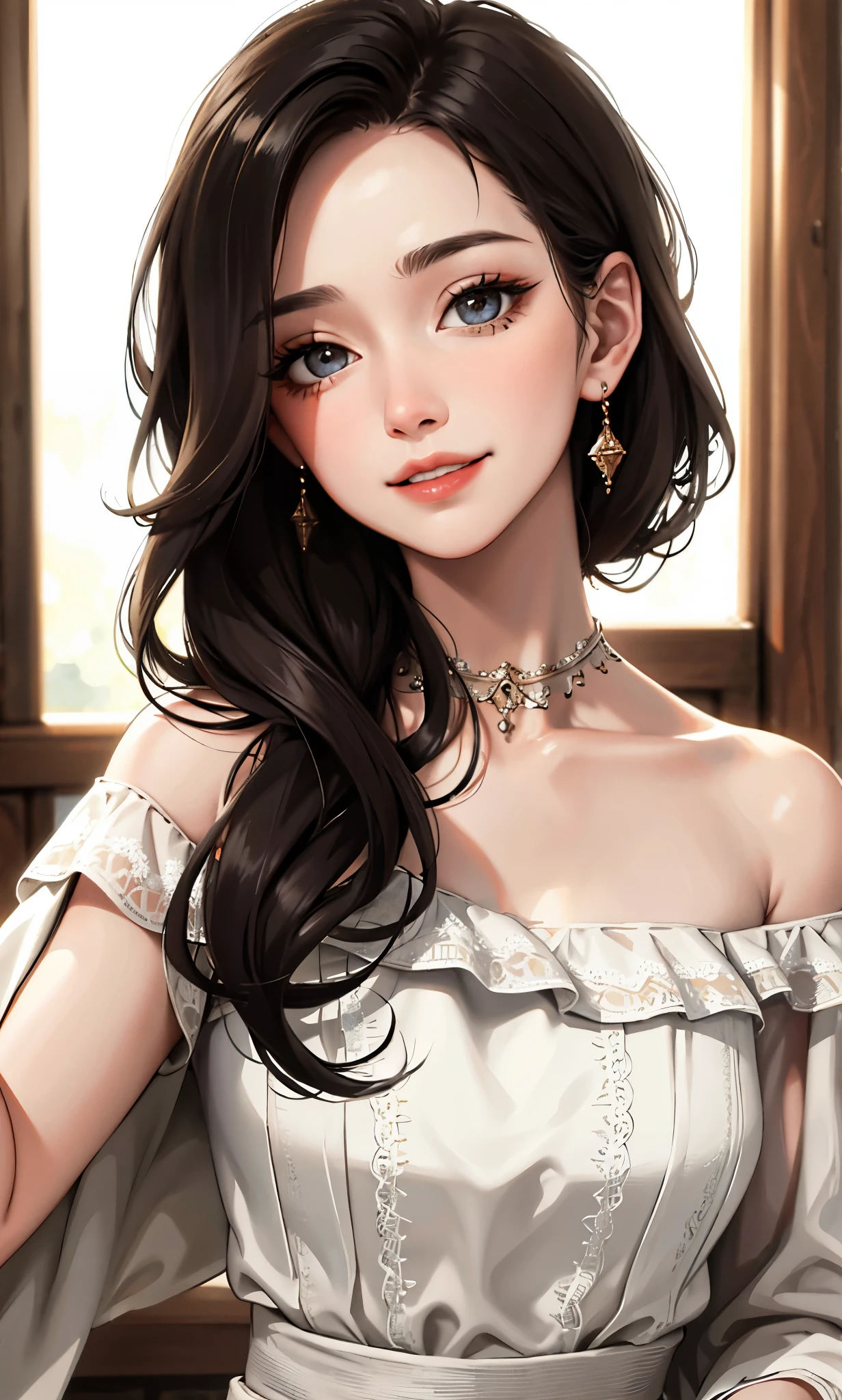 8K,(((masterpiece:1.8, highest quality))), (real image, intricate details), 1 female, alone, Upper body, off shoulder, shortcut, minimal makeup, Natural materials, movie lighting,close up of face, smile, Home