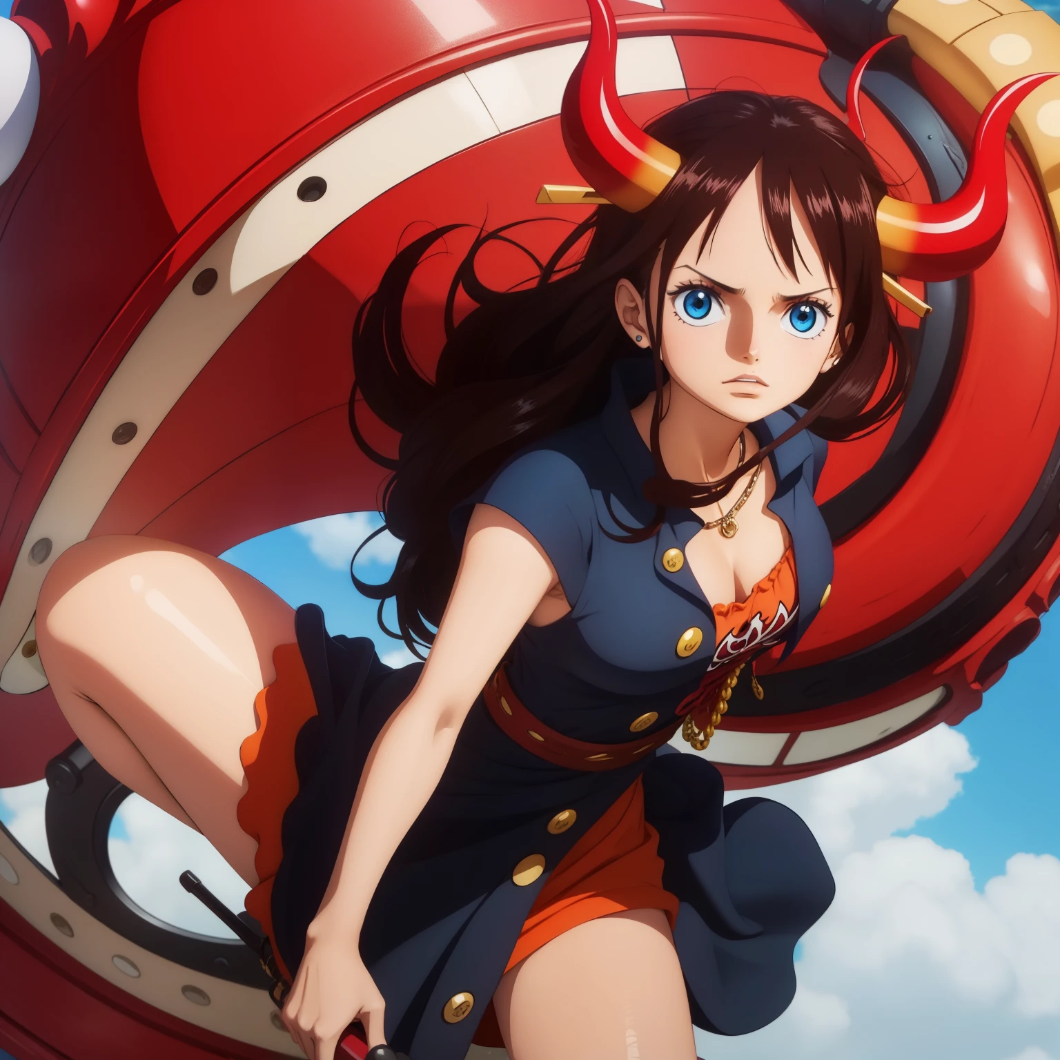 One Piece in Luffy with girl that has long brown hair, blue eyes, a short black dress, and curved red horns