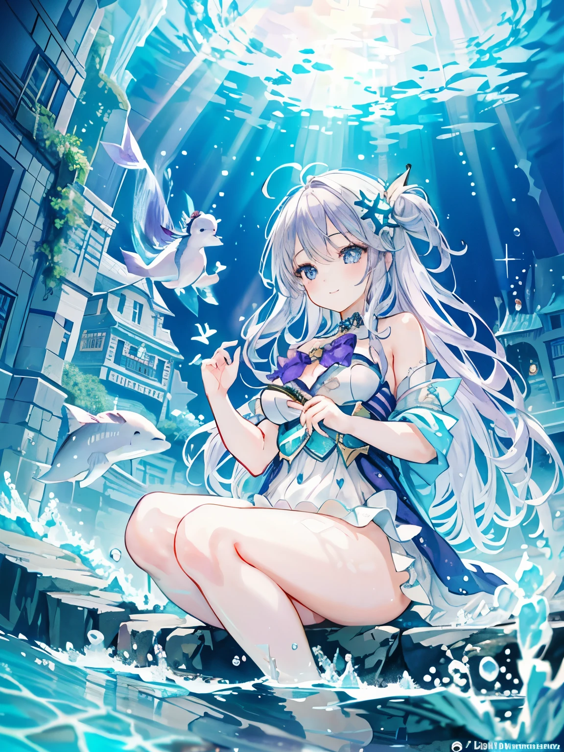 girl,(light purple silver hair:1.2),(Beautiful clear blue eyes:1.2),((Underwater sparkling:1.3)),((水中に光が差し込んでとても綺麗でfantasy:1.3)),((swimming with fish and dolphins:1.2)),((aquarium background:1.1)),(high resolution),(fantasy:1.2),((Looking down on the city with a smile:1.1)),(an underwater city:1.3),