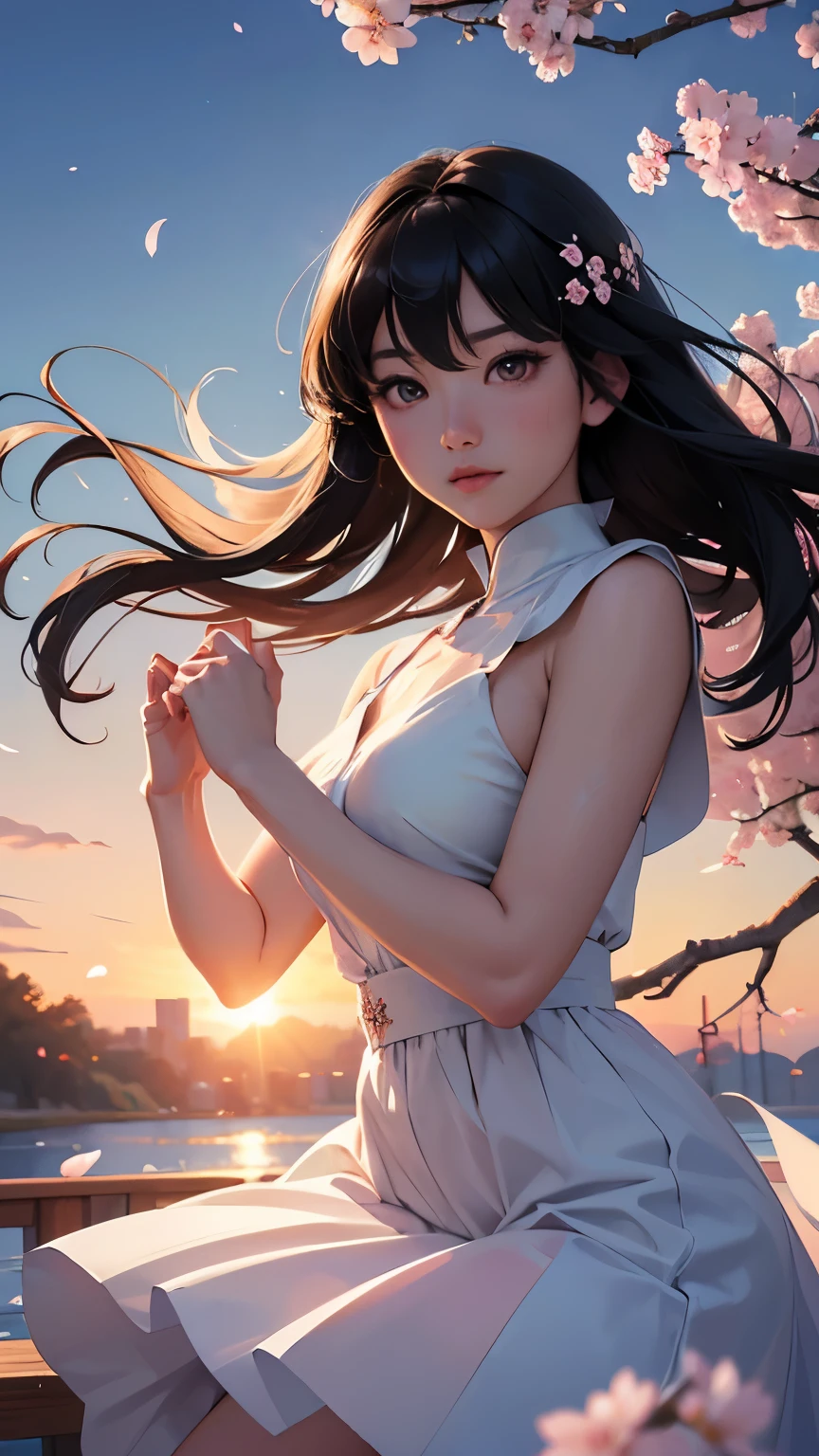 (logo、masterpiece、8K、table top、RAW photo、wonderful、最high quality、フォトリアリスティックでvery detailedな CG 統合 8k 壁紙、high quality、very detailed、narrative poem、particle effects、dynamic effects、Depth of bounds written、cinematic light、Lens flare、ray tracing)、fantasy、 (1 beautiful woman、dress、dress、cherry blossom pattern、black haired、beautiful face、real face、beautiful details eyes beautiful skin)、髪がWindで踊る、Hair flutters in Wind、hair jump、pink cherry tree、petals dance、SakuraFubuki、wonderful景色、sunrise、sun on background、Wind、