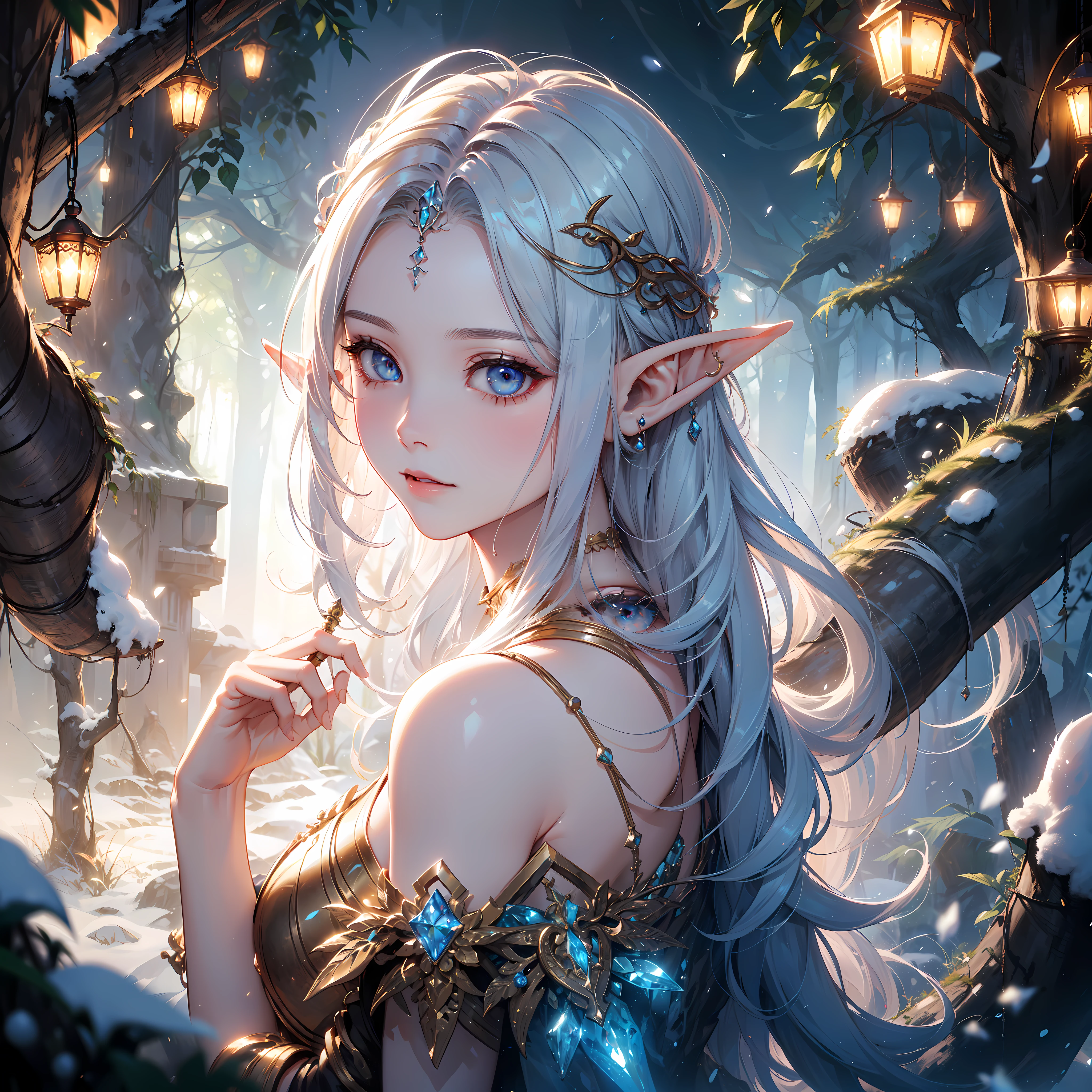 ((masterpiece)), (top quality), (best quality), ((ultra-detailed, 8k Highest quality)), Cinematic lighting, soft semi-backlit light, (detailed line art), absurdres, (Epic composition), (high-resolution), Aesthetics, Super detailed, Epic romantic fantasy digital art,Epic fairy tale fantasy digital art,Mythological fantasy,Detailed detail drawing,realisticlying,Very realistic,an award winning photograph, rich colours,hyper realistic lifelike texture,dramatic lighting,
BREAK,
(very beautiful and attractive fairy elf queen), 1Elf girl, solo, Fantastic snow and ice jungle,Many scattered crystal trees、Accessories、Shine in the center,Beautiful transparent flowers, Transparent colorful wings, The wand flutters in the wind、The wand flashed with starlight,Golden wand,transparent feathers,fanciful、Starskrim、cleanness、glimmering、Shines、magnifica、Verdant、Light、with light glowing,Magic pictures,Delicate leaves and branches are surrounded by fireflies(nature elements),(Jungle theme),(Foliage),(tree branch),(glowworm),(Particle effect),Style by Yoji Shinkawa,
BREAK,
perfect face, details eye, ((elf:1.4)), (1girl), (hairstyle:1.6), (messy hair), (white hair), Plump lips, blue eyes, happy expression, medium breast.