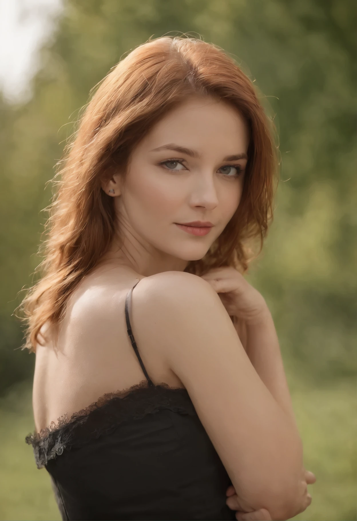  peau claire, Femmes d&#39;environ 19 ans, Cheveux roux  aturels, yeux verts distinctifs, décolleté , mince et gracieux,, beau, se tient droite dans un parc, Mise au point ultra nette, tir réaliste, Les vêtements laissent percevoir les formes généreuses, Couleur tétradique (Cicatrice:1.4) 
