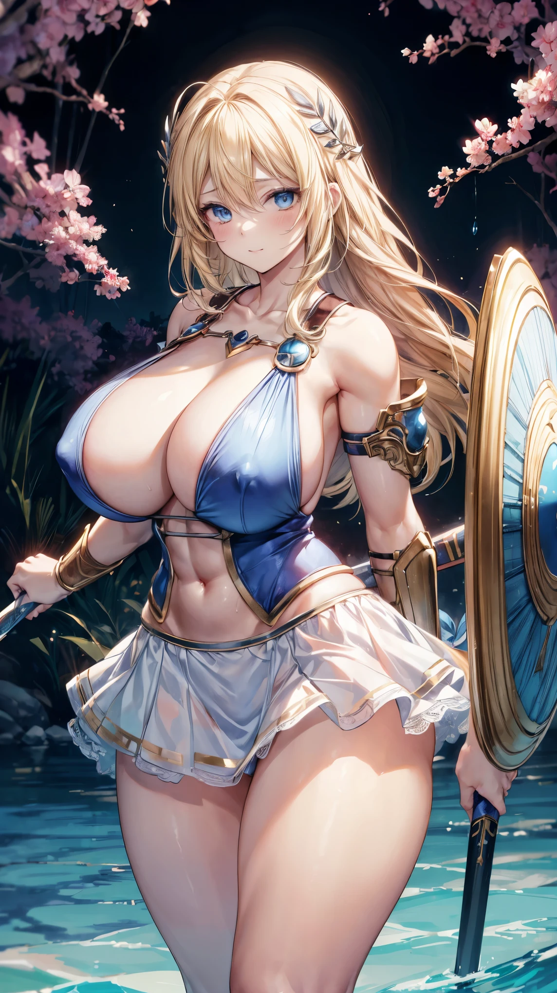 sensual, long blonde hair, thick thighs, 8K, 4K, highest quality, High resolution:1.2), cute anime face, noise reduction, shining blue eyes, gentle smile, gentle eyes、toned abdominal muscles, muscular arms, muscular legs, young face, anime eyes, (((big breasts、A chest that is about to burst)))、sophitia、sword、shield、((whole body))