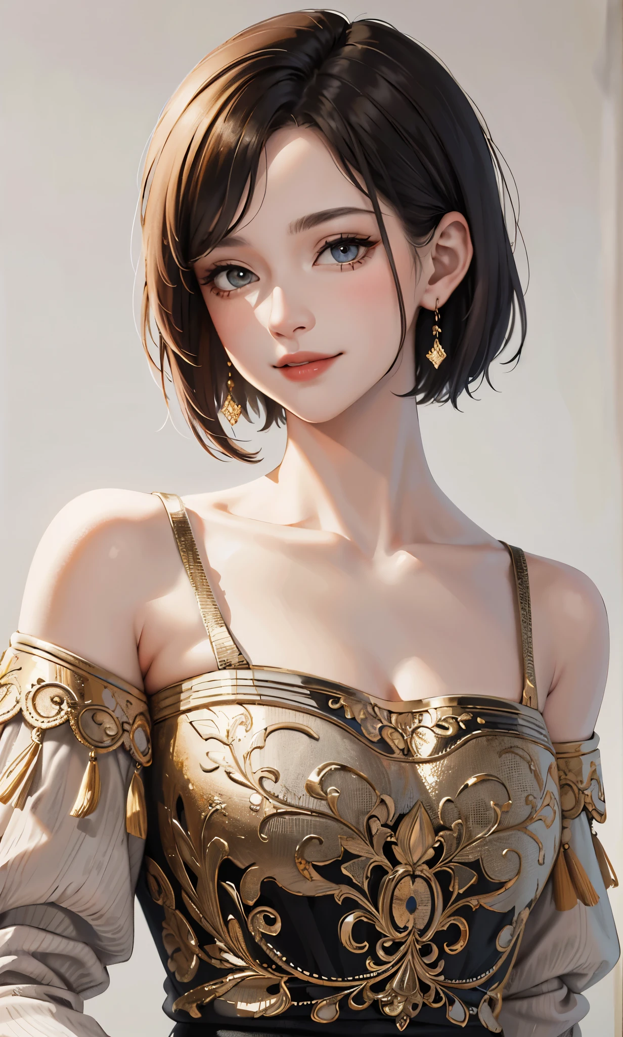 8K,(((masterpiece:1.8, highest quality))), (real image, intricate details), 1 female, alone, Upper body, off shoulder,( short hair), minimal makeup, Natural materials, movie lighting,close up of face, smile, Home