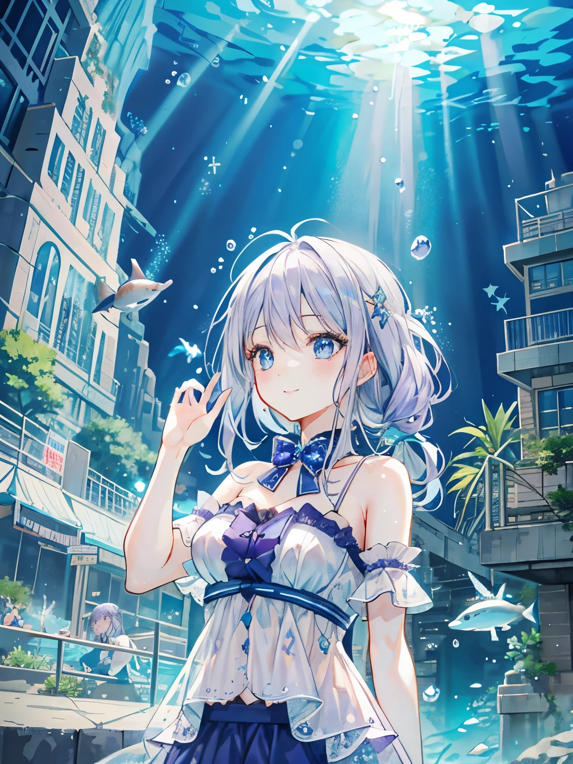 girl,(light purple silver hair:1.2),(Beautiful clear blue eyes:1.2),((Underwater sparkling:1.3)),((水中に光が差し込んでとても綺麗でfantasy:1.3)),((swimming with fish and dolphins:1.2)),((aquarium background:1.1)),(high resolution),(fantasy:1.2),((Looking down on the city with a smile:1.1)),(an underwater city:1.3),