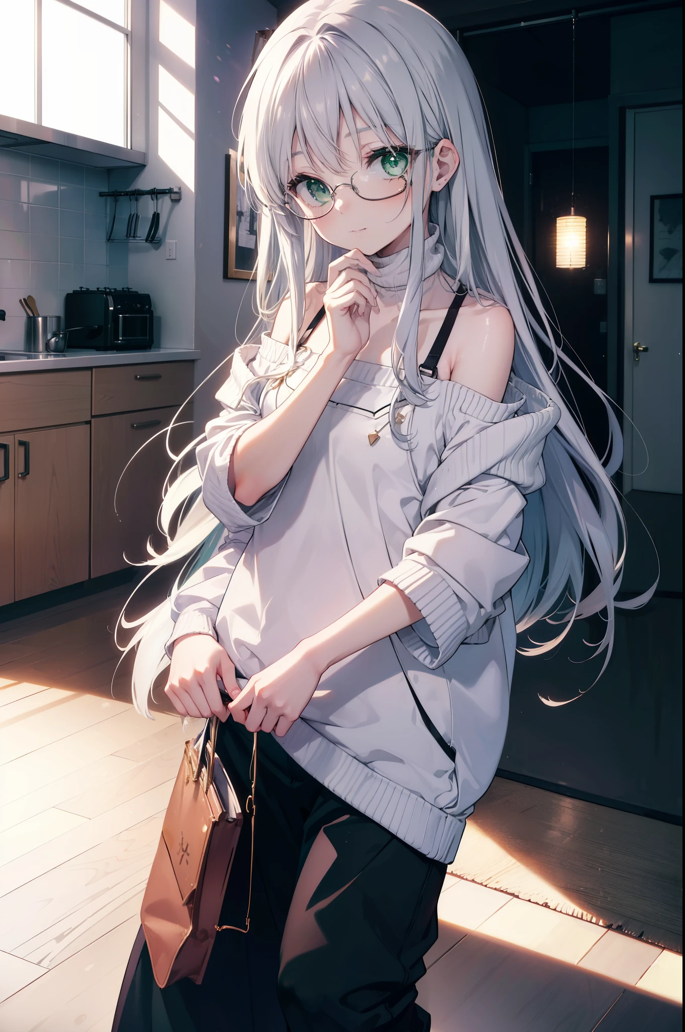 index, index, (green eyes:1.5), silver hair, long hair, (flat chest:1.2),smile,blush,off shoulder sweater,bare shoulders,bare clavicle,bare neck pink apron,skinny pants,Black Abyss glasses,kitchen,Boil the pasta in a frying pan,
break looking at viewer, Upper body, full body,
break indoors, kitchen,kitchen,
break (masterpiece:1.2), highest quality, High resolution, unity 8k wallpaper, (figure:0.8), (beautiful and fine eyes:1.6), highly detailed face, perfect lighting, Very detailed CG, (perfect hands, perfect anatomy),