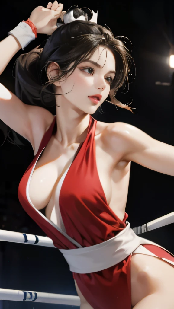 black-haired beauty　stern expression　medium breasts　Deliver a punch　A fighting arena surrounded by dark wire mesh　face forward