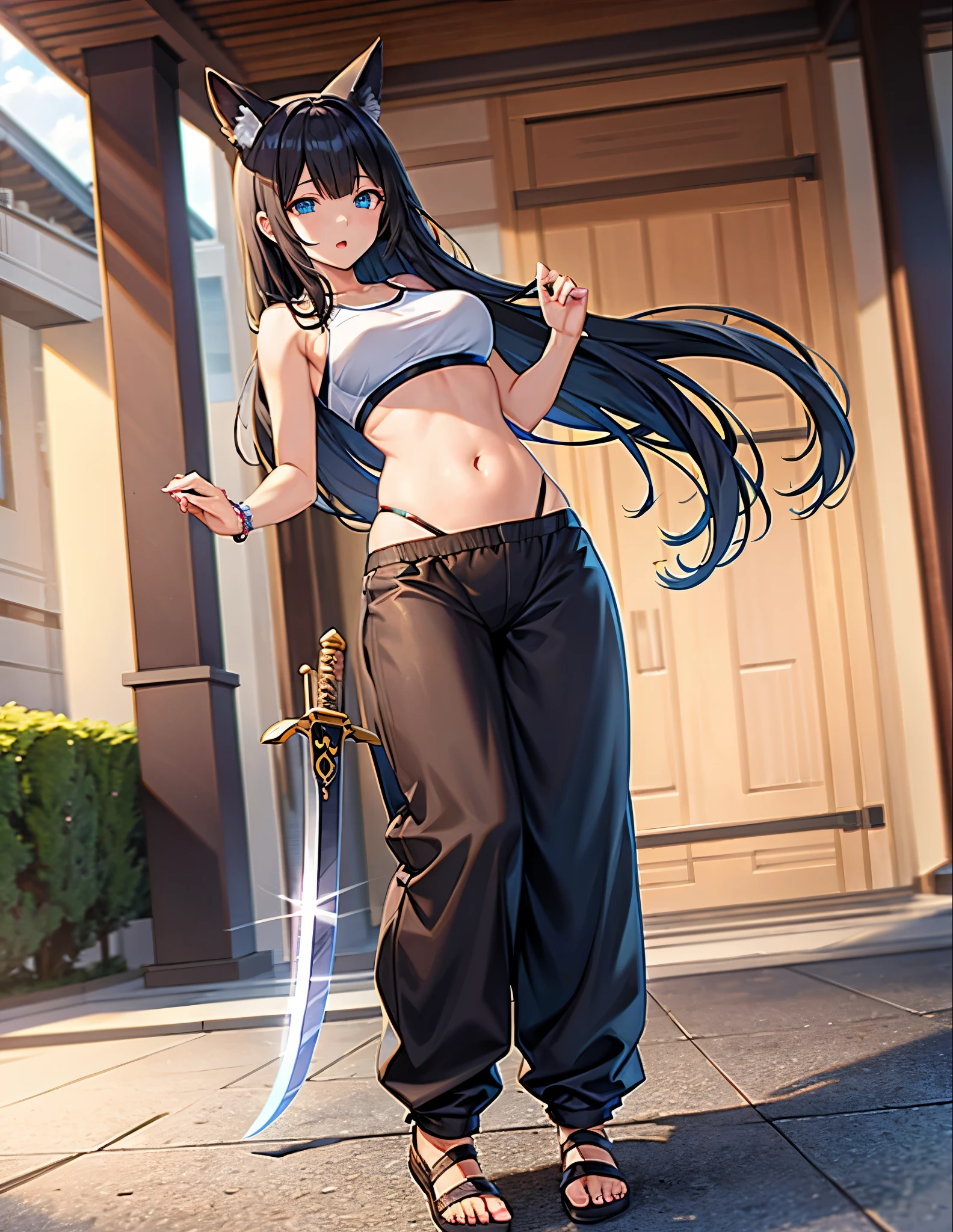 (best quality, 4k, 8k, highres, masterpiece:1.2), ultra-detailed, ((fox girl)), ((black hair)), ((full body)), ((perfect body)), ((standing pose)), ((very baggy and long belly dance harem pants)), ((detailed pants)), ((perfect pants)), ((holding a big sword)), ((detailed sword)), ((perfect sword)), ((fully detailed)), illustration, vivid colors
