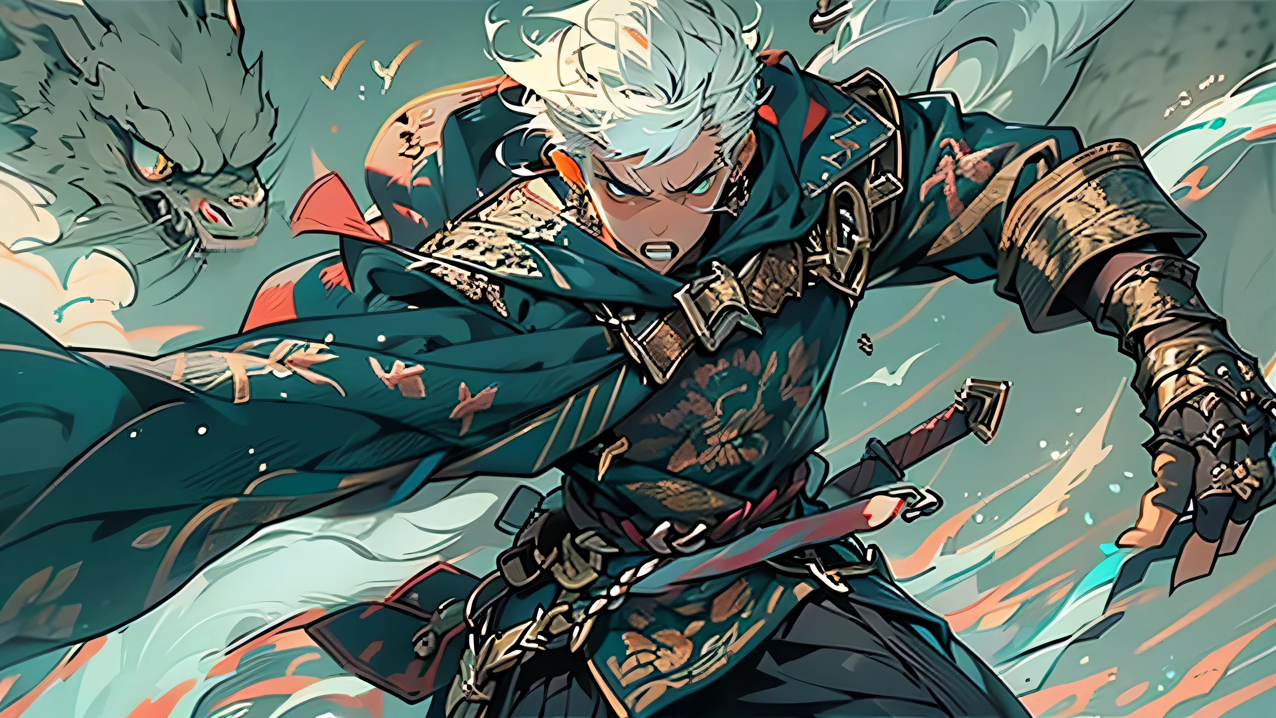 Medieval fantasy, Tall male adventurer wearing link's tunic, brown boots, blue cape, short white hair, gold eyes, sword on hilt, serious face, Windy background, action pose