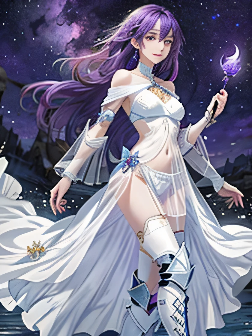 darkness　another world、very long purple hair 1:5、small face、whole body expression、medium breasts、light blue see-through dress（Off-shoulder white bikini armor visible）、White Armor Boots、The background is a moonlit lake