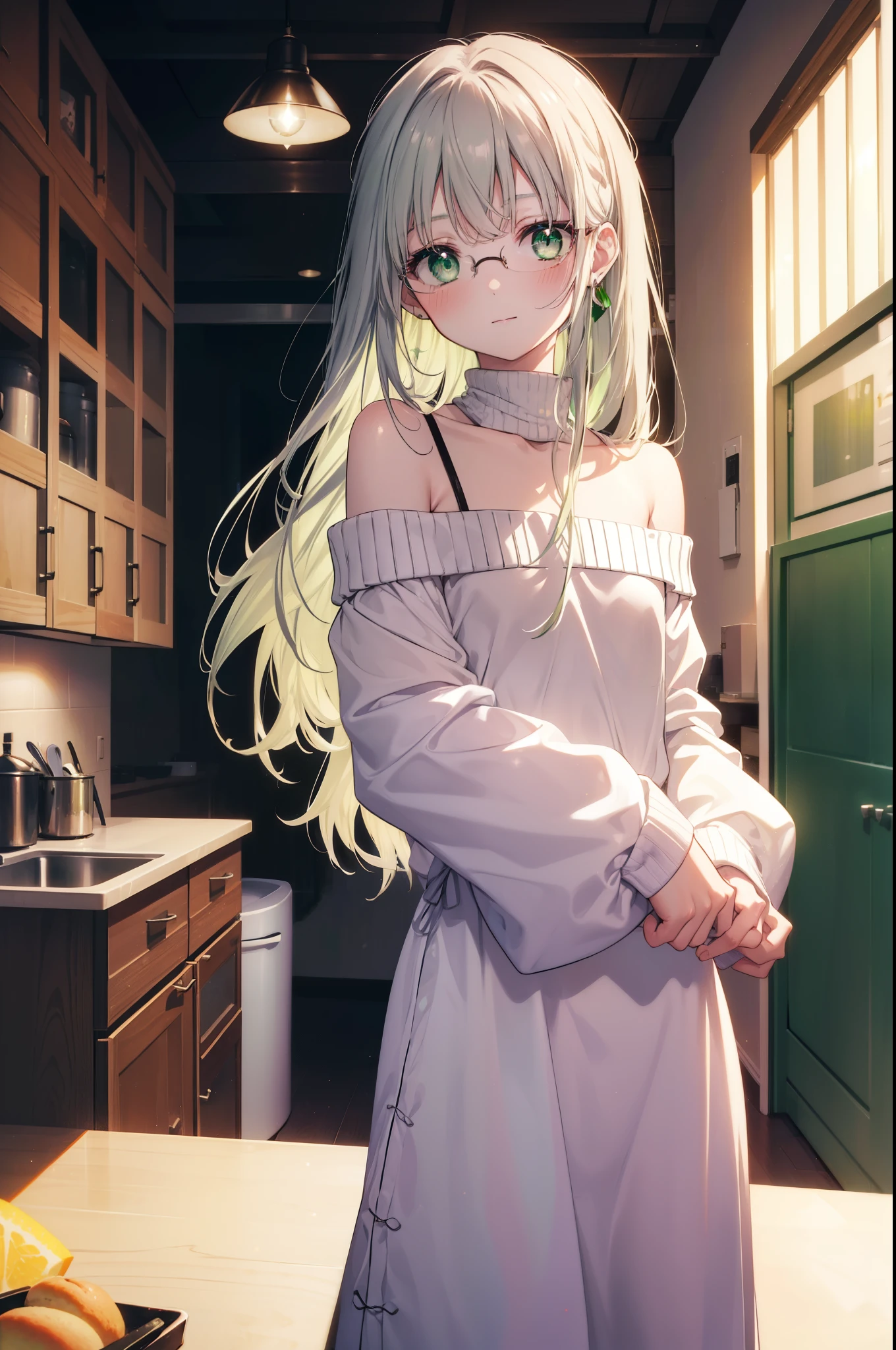 index, index, (green eyes:1.5), silver hair, long hair, (flat chest:1.2),smile,blush,off shoulder sweater,bare shoulders,bare clavicle,bare neck pink apron,skinny pants,Black Abyss glasses,kitchenでフライパンでパスタを料理をする,
break looking at viewer, Upper body, full body,
break indoors, kitchen,kitchen,
break (masterpiece:1.2), highest quality, High resolution, unity 8k wallpaper, (figure:0.8), (beautiful and fine eyes:1.6), highly detailed face, perfect lighting, Very detailed CG, (perfect hands, perfect anatomy),