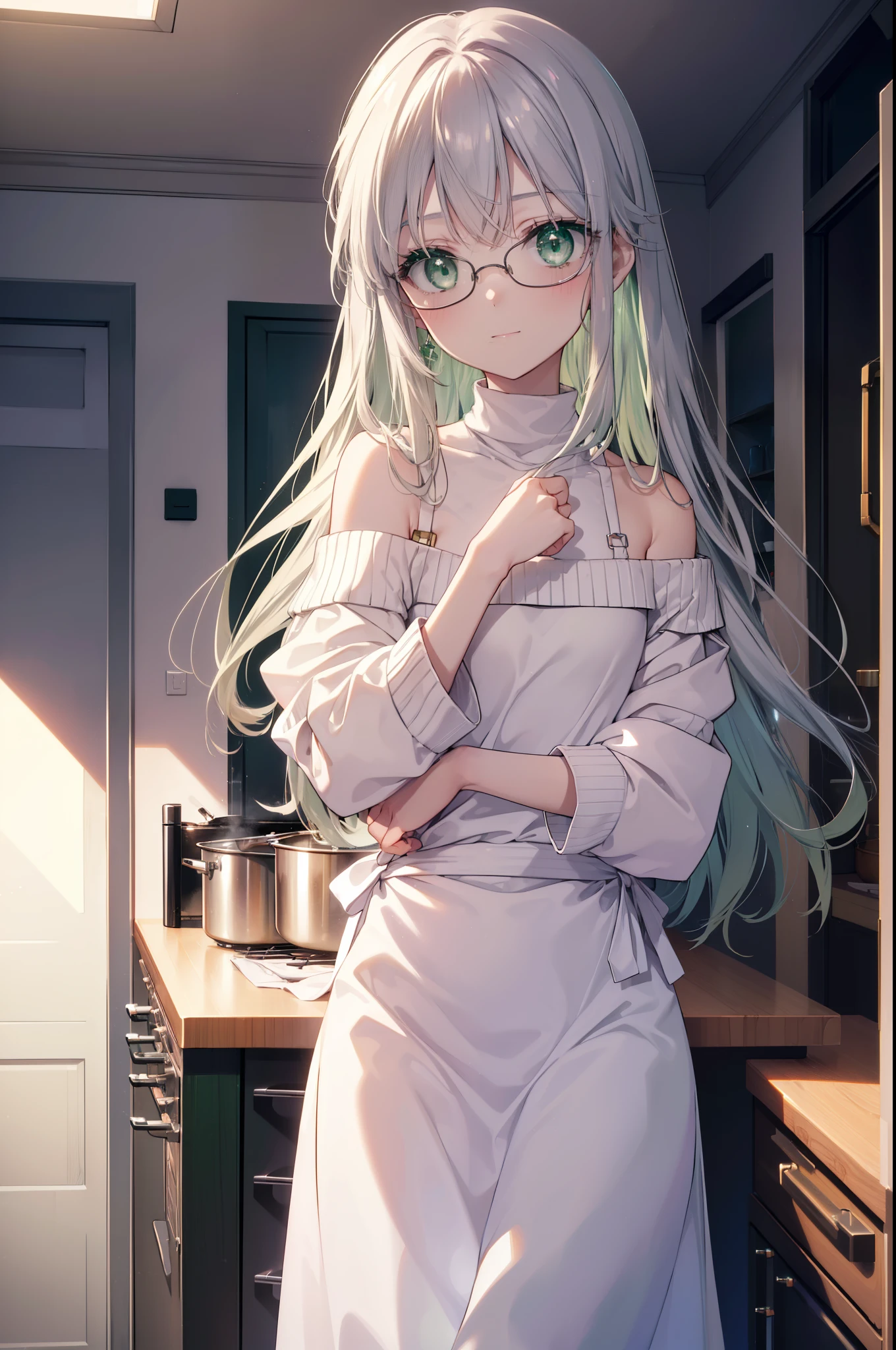 index, index, (green eyes:1.5), silver hair, long hair, (flat chest:1.2),smile,blush,off shoulder sweater,bare shoulders,bare clavicle,bare neck pink apron,skinny pants,Black Abyss glasses,kitchen,Boil the pasta in a frying pan,
break looking at viewer, Upper body, full body,
break indoors, kitchen,kitchen,
break (masterpiece:1.2), highest quality, High resolution, unity 8k wallpaper, (figure:0.8), (beautiful and fine eyes:1.6), highly detailed face, perfect lighting, Very detailed CG, (perfect hands, perfect anatomy),