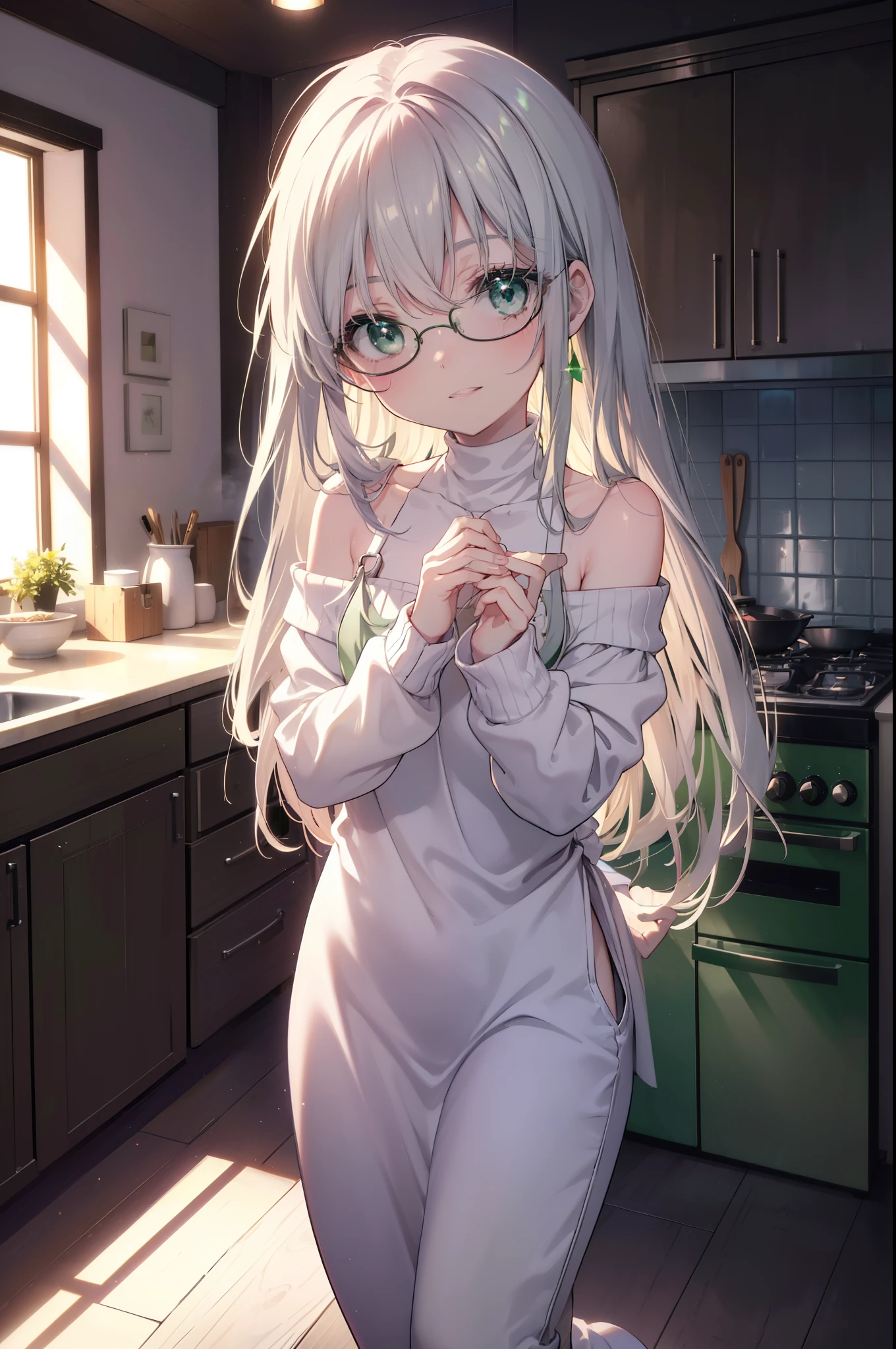 index, index, (green eyes:1.5), silver hair, long hair, (flat chest:1.2),smile,blush,off shoulder sweater,bare shoulders,bare clavicle,bare neck pink apron,skinny pants,Black Abyss glasses,kitchen,Boil the pasta in a frying pan,
break looking at viewer, Upper body, full body,
break indoors, kitchen,kitchen,
break (masterpiece:1.2), highest quality, High resolution, unity 8k wallpaper, (figure:0.8), (beautiful and fine eyes:1.6), highly detailed face, perfect lighting, Very detailed CG, (perfect hands, perfect anatomy),