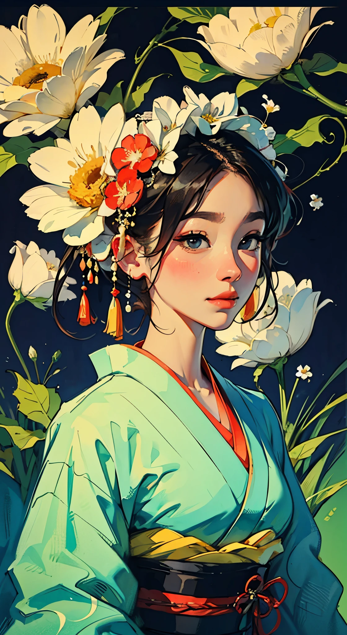 8K, top-quality, hight resolution, Bauhaus, shapes, lines, abstract, Bishoujo 1 25 years old, Flower steamed buns,A slight smil, (traditional Japanese kimono:1.3)、Luxury kimono、no wrinkles at all,watercolor paiting, (Flower hair ornament:1.3), Bauhaus, shapes, lines, abstract,
