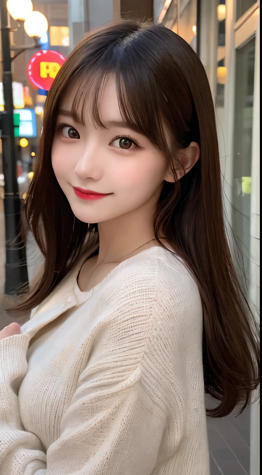 table top, highest quality, figure, super detailed, finely, High resolution, 8k wallpaper, 完璧なダイナミックな構figure, beautiful and fine eyes, long coat and knit,medium hair,small breasts natural color lip, bold sexy pose,smile,Harajuku、20 year old girl、cute、sexy shot looking at camera,perfect and beautiful face