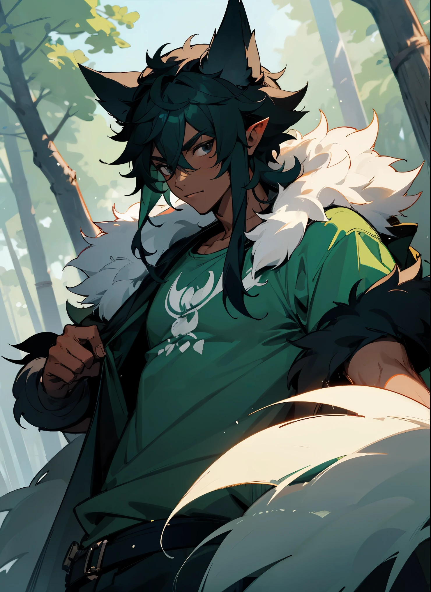 1male , Young Male , Green Backpack , Dark Skin , Northern Style Fur Hat , Wolf Pelt Bat , Wild Ears on hat , White Hat , Forest Background , Blue T-Shirt , Black Eyes