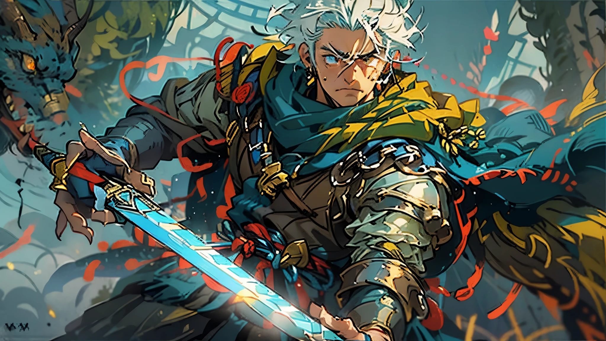 Medieval fantasy, Tall male adventurer wearing link's tunic, brown boots, blue cape, short white hair, gold eyes, sword on hilt, serious face, Windy background, action pose
