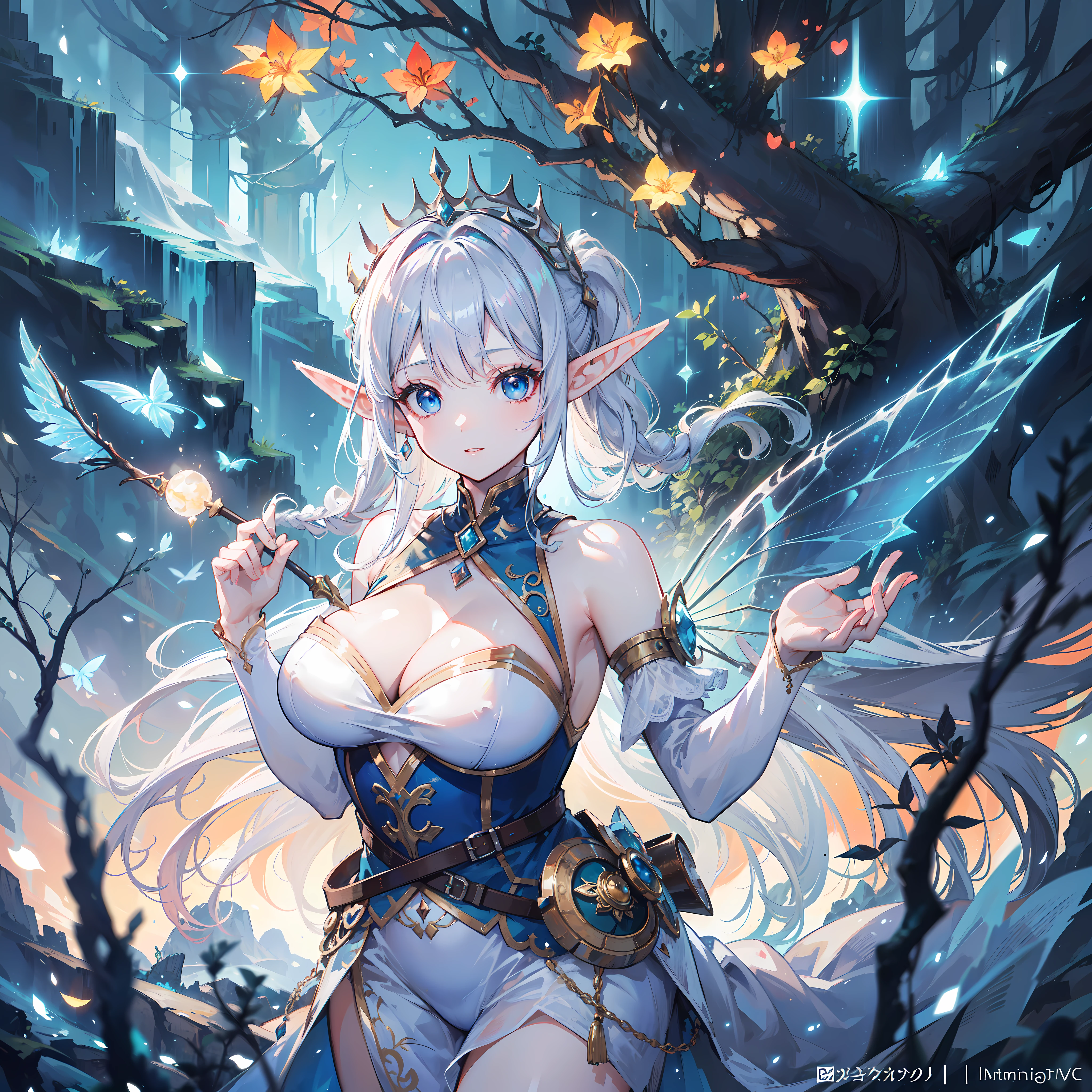 Fantastic snow and ice jungle,Many scattered crystal trees、Accessories、Shine in the center,Beautiful transparent flowers, Transparent colorful wings, The wand flutters in the wind、The wand flashed with starlight,Golden wand,transparent feathers,fanciful、Starskrim、cleanness、glimmering、Shines、magnifica、Verdant、Light、with light glowing,Magic pictures,Delicate leaves and branches are surrounded by fireflies(nature elements),(Jungle theme),(Foliage),(tree branch),(glowworm),(Particle effect),Masterpiece, Super detailed, Epic composition, Highest quality, 8K,Epic romantic fantasy digital art,Epic fairy tale fantasy digital art,Mythological fantasy,tmasterpiece,high qulity,8K,UHD resolution,Detailed detail drawing,realisticlying,Very realistic,cinmatic lighting,an award winning photograph,rich colours,hyper realistic lifelike texture,dramatic lighting, BREAK, perfect face, details eye, ((elf queen:1.4)), (1girl), (hairstyle:1.6), (messy hair), (white hair), Plump lips, blue eyes, happy expression, medium breast.